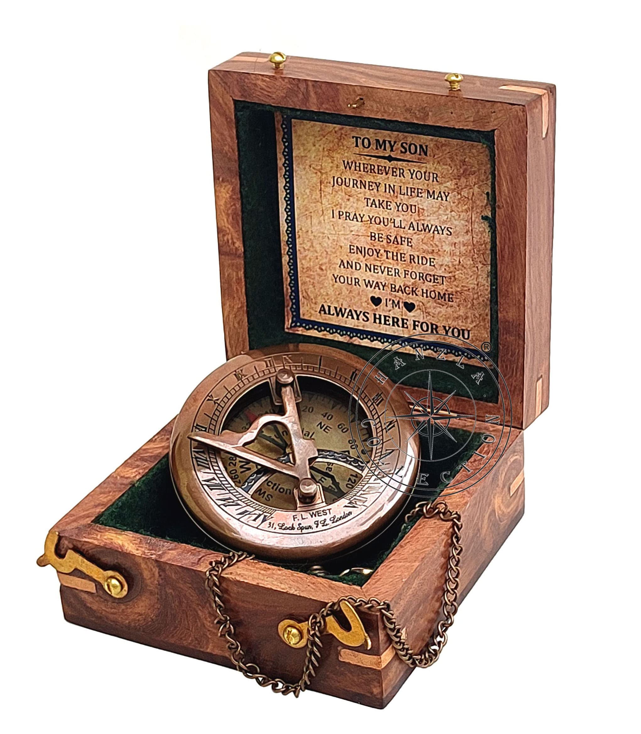 Hanzla CollectionAntique Brass Sundial Compass with Wooden Box and Chain - Push Open Compass - Steampunk Accessory - Beautiful Handmade Gift - Sundial Clock