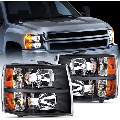 Nilight Headlight Assembly for 2007 2008 2009 2010 2011 2012 2013 Silverado 1500 2007-2014 Silverado 2500HD 3500HD Replacement Headlamp Black Housing Amber Reflector, 2 Years Warranty