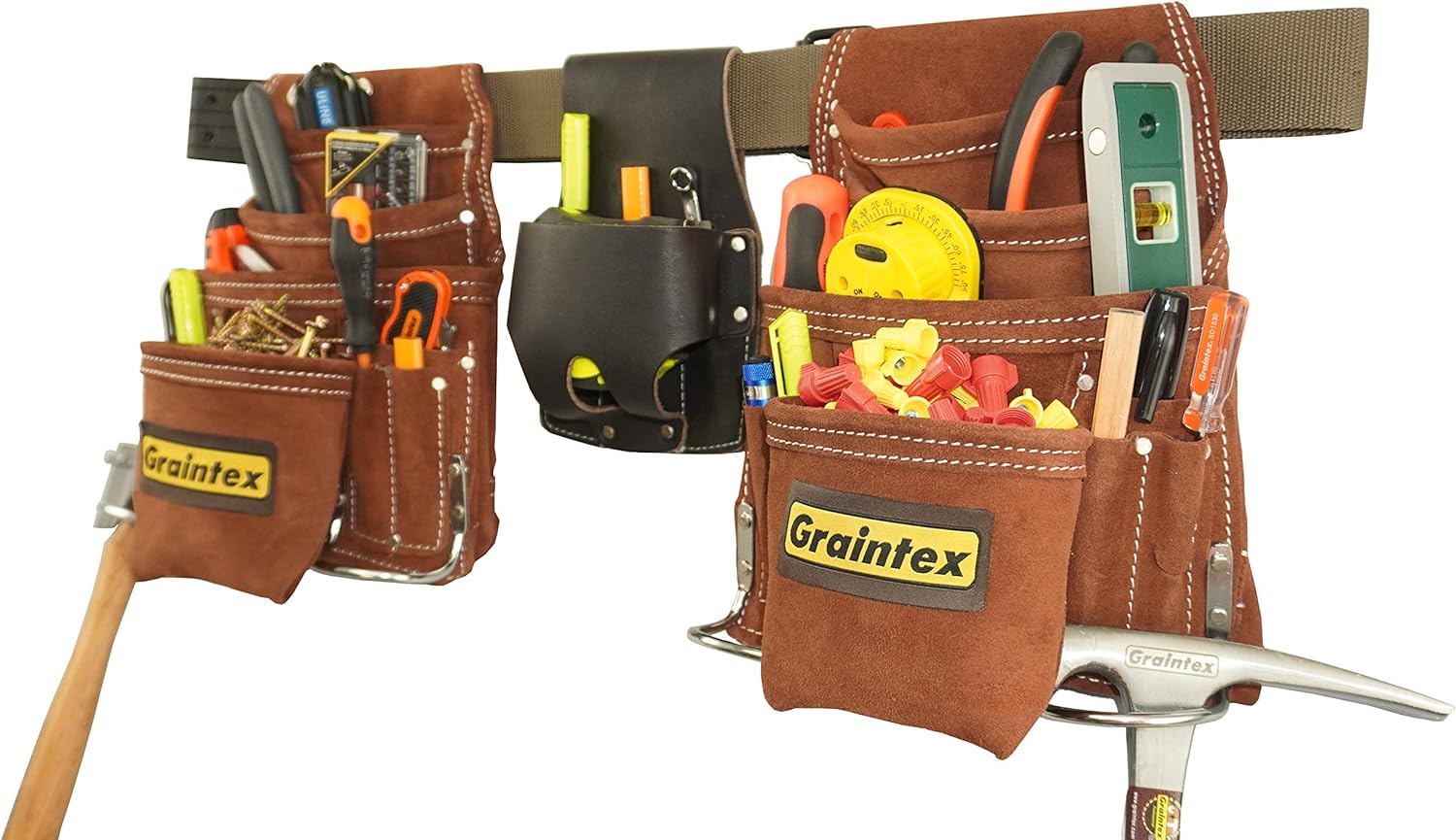 Graintex SS2975 20 Pocket Nail & Tool Pouch Set Brown Color Suede Leather with 2" Leather/Webbing Belt and Professional Measuring Tape Holder for Contractors, Electricians, Plumbers, Handymen