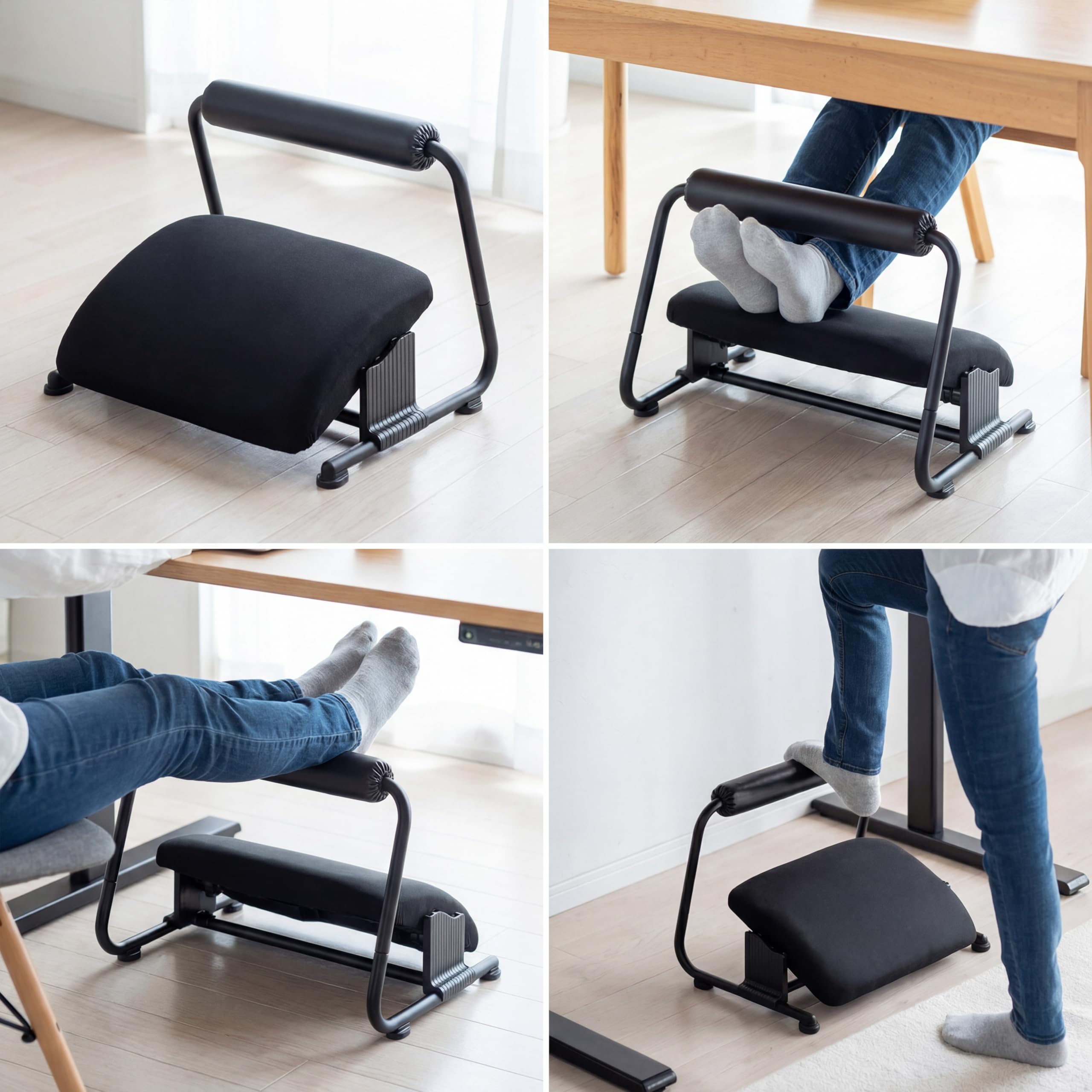 hjh OFFICE Fußablage Podi Velvet Schwarz – Ergonomische, höhenverstellbare Fußstütze mit neigbarer Fußplatte, gepolsterter Beinablage für bessere Durchblutung