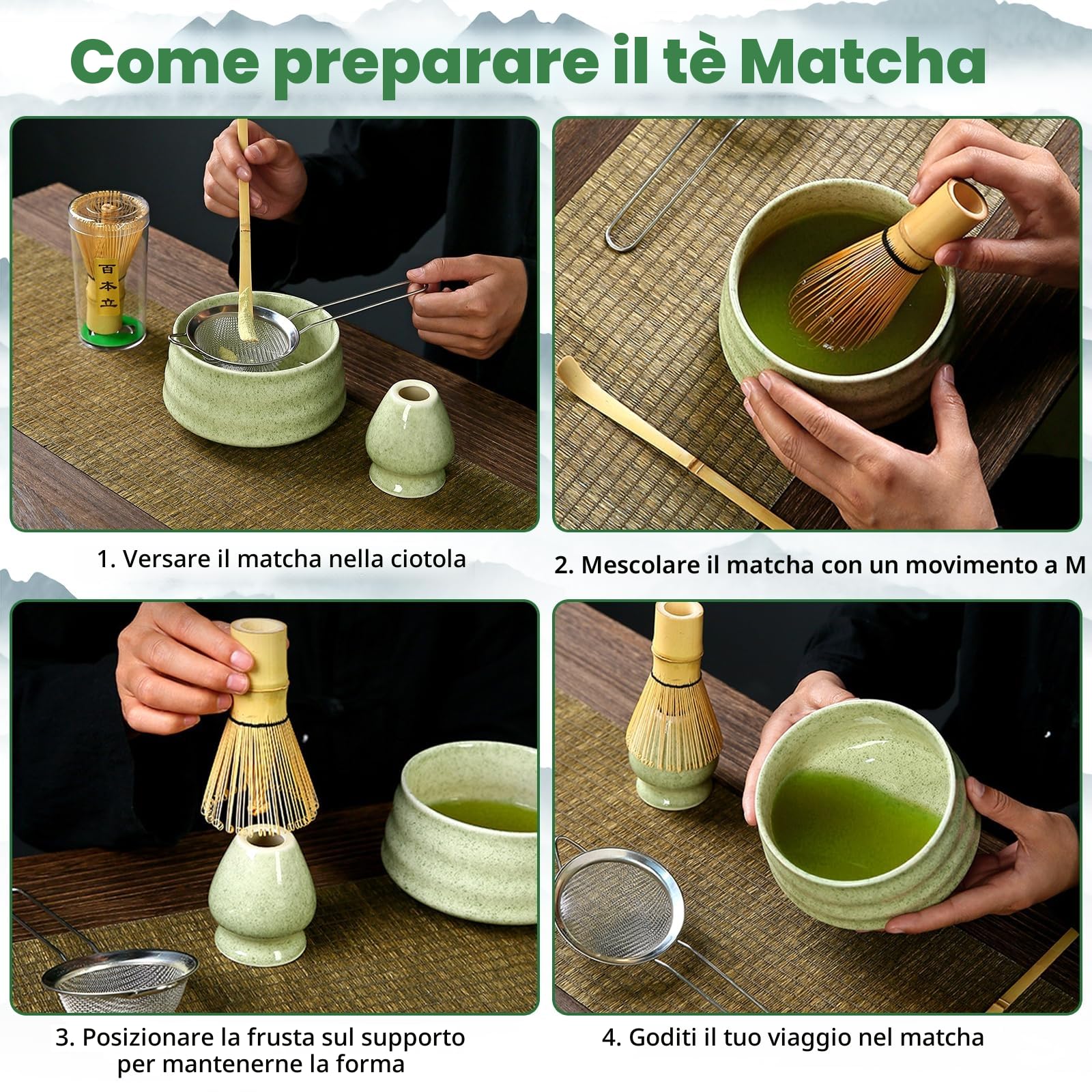 8 Pezzi Matcha Kit, Matcha Tea Kit, Ciotola Matcha, Matcha Whisk, Supporto Chasen, Cucchiaio di Matcha, Setaccio, Tovagliolo da Tè, Portacucchiaio, Set Matcha per Principianti Regalo