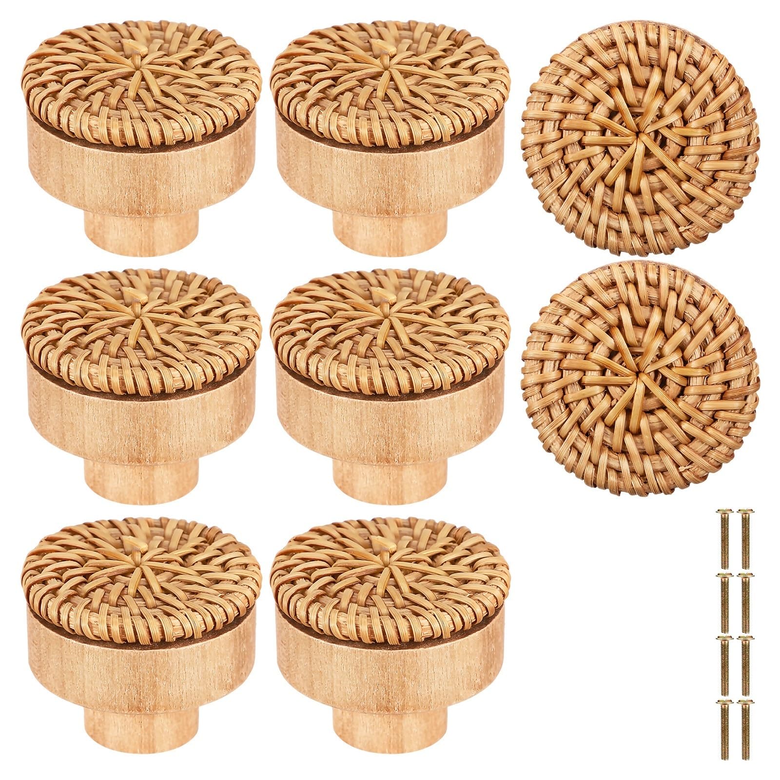 UBOHUZ 8Pcs Woven Rattan Drawer Pulls Round Wood Cabinet Knobs Rustic Dresser Handles Furniture Door for Cupboard, Wardrobe