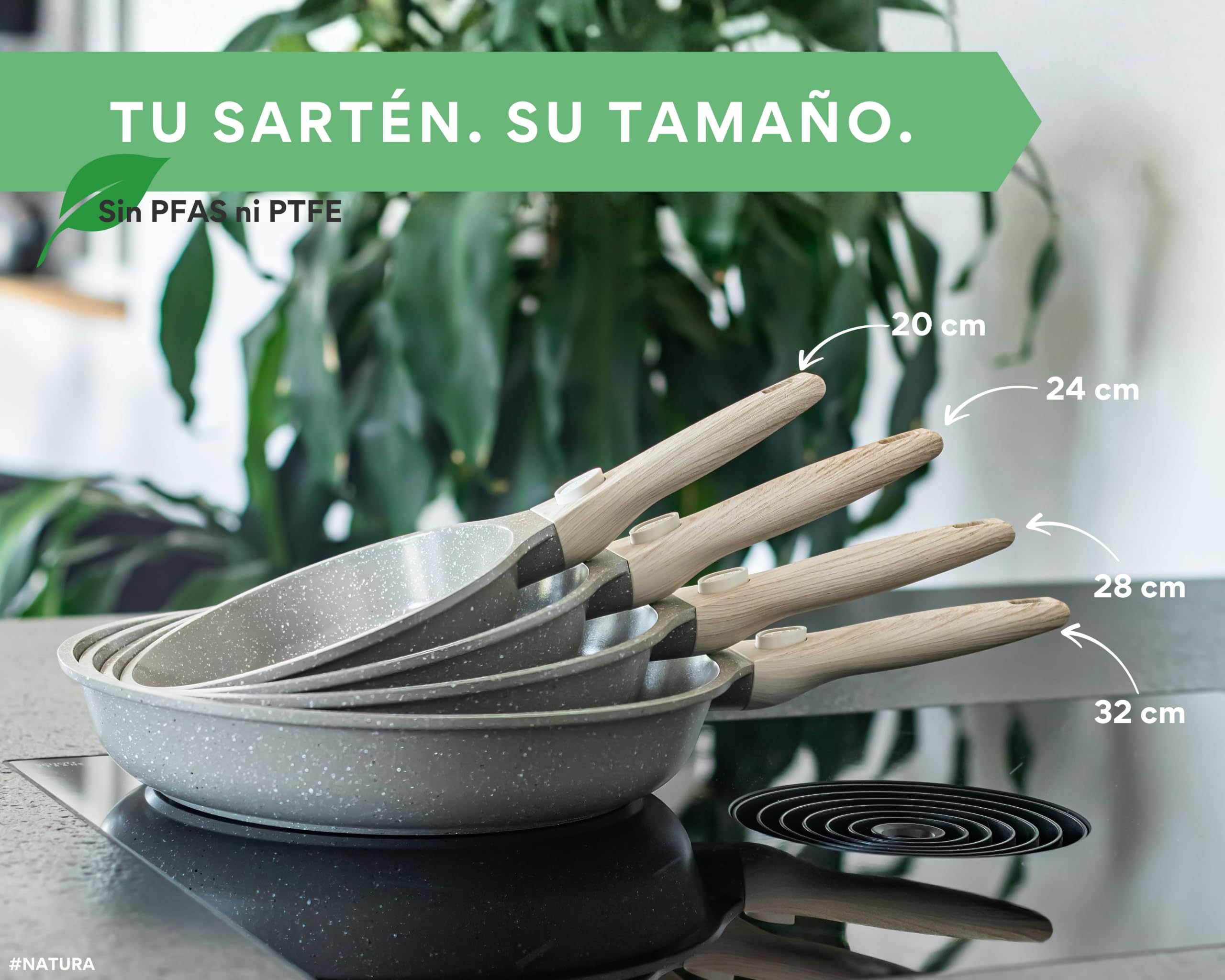 DIVORY Juego de sartenes de cerámica de 20, 24 y 28 cm: sartenes con mango desmontable, revestimiento cerámico, aptas para inducción, sin PFAS ni PTFE (Natura, juego de 3 unidades (20/24/28 cm))