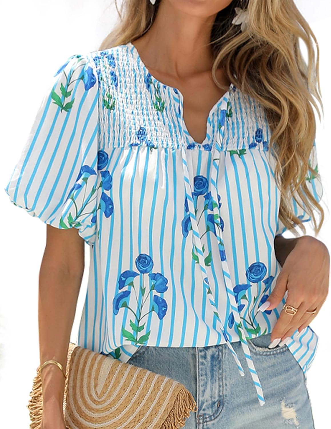 KIRUNDO Boho Tops for Women Summer 2026 Dressy Floral Blouse V Neck Drawstring Short Sleeve Shirts Beach Vacation Clothes