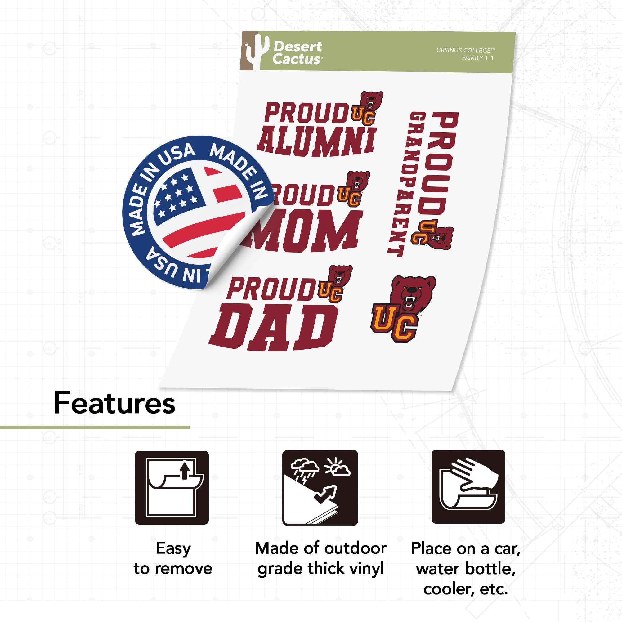 Ursinus College UC Bears Sticker Sheet - Desert Cactus Brand, 8 Total Vinyl Decals For Laptop & Car