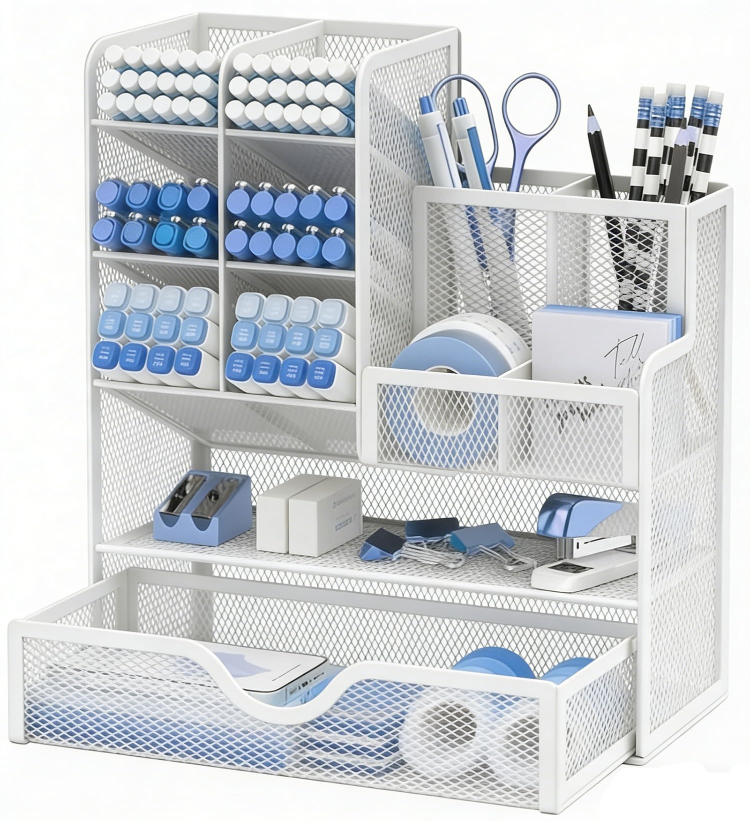Porte-stylos en maille avec tiroir, porte-crayons multifonctionnel pour le bureau, organiseurs de bureau et accessoires pour le bureau et l'école (S-Blanc)