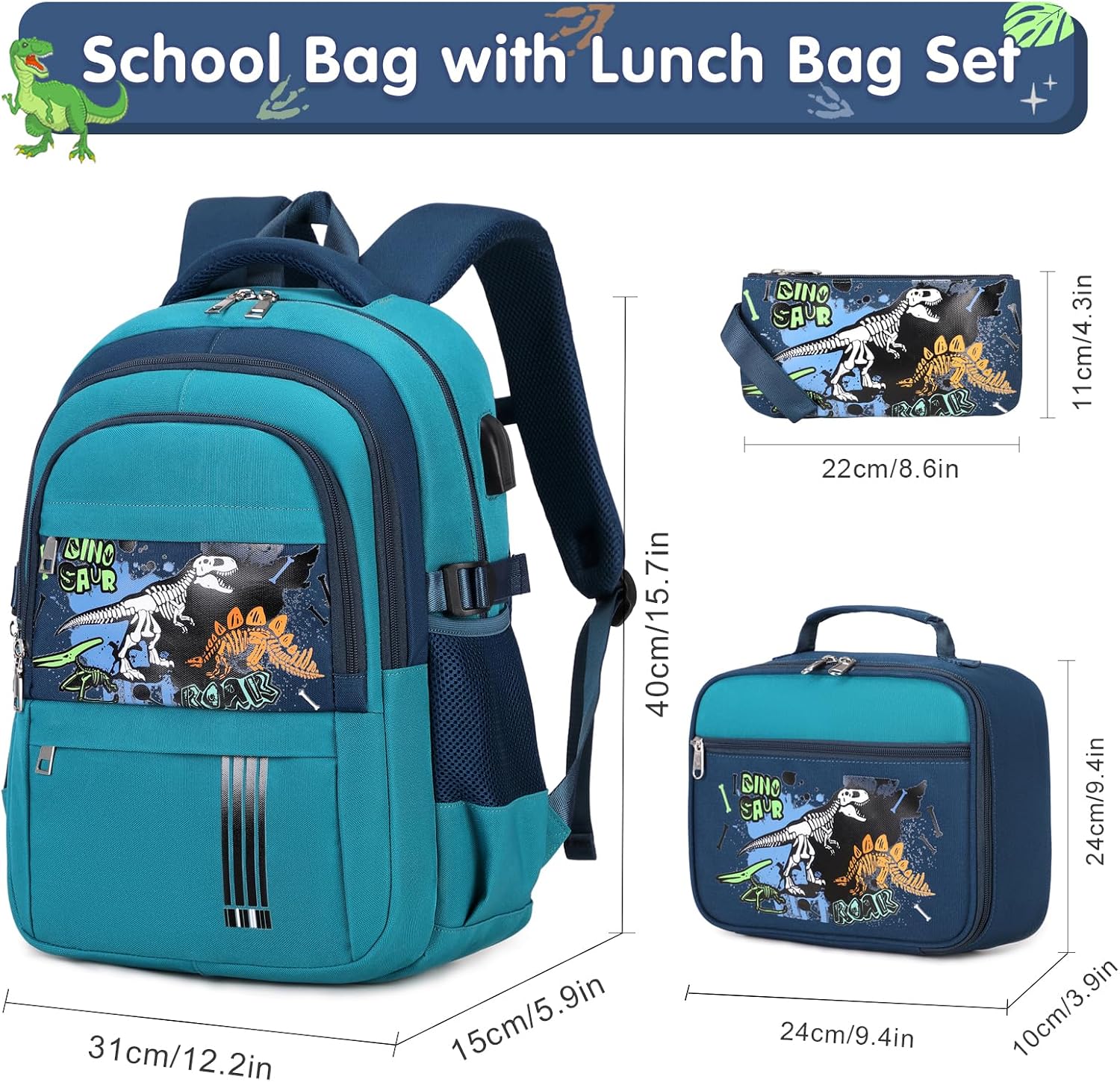 ACESAK Boys Backpack - 3PCS Backpack for Boys School Backpacks for Boys Kids Kindergarten Elementary Preschool Middle School Bags with Lunch Box Pencil Case Set（Green Dinosaur）