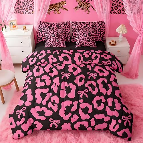 Feelyou Cute Bow with Leopard Queen Comforter Set with Sheets for Kids Boys Girl