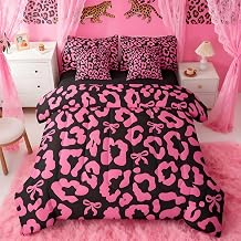 Feelyou Cute Bow with Leopard Queen Comforter Set with Sheets for Kids Boys Girls Black Pink Bowknot 7 Pieces Bedding Set Leopard Print Bed in a Bag Room Decor Soft Lightweight Microfiber