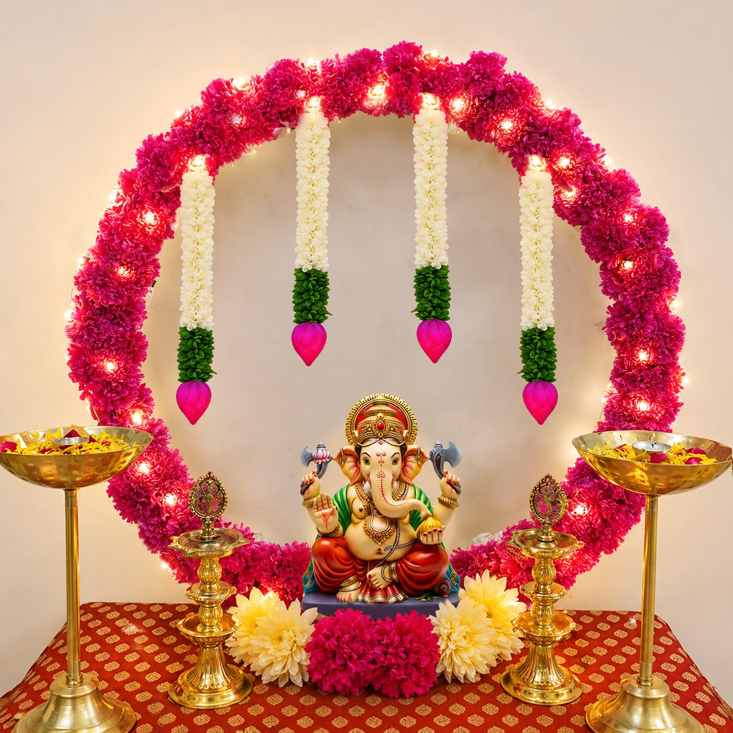 SpecialYou® Ganpati Decoration Setup for Home with Round Backdrop Stand, 4 Lotus Bud Hanging & Pink Marigold Garlands for Decor | Ganpati Decoration Stand for Home | Ganapati Decorations Item- 10Pcs