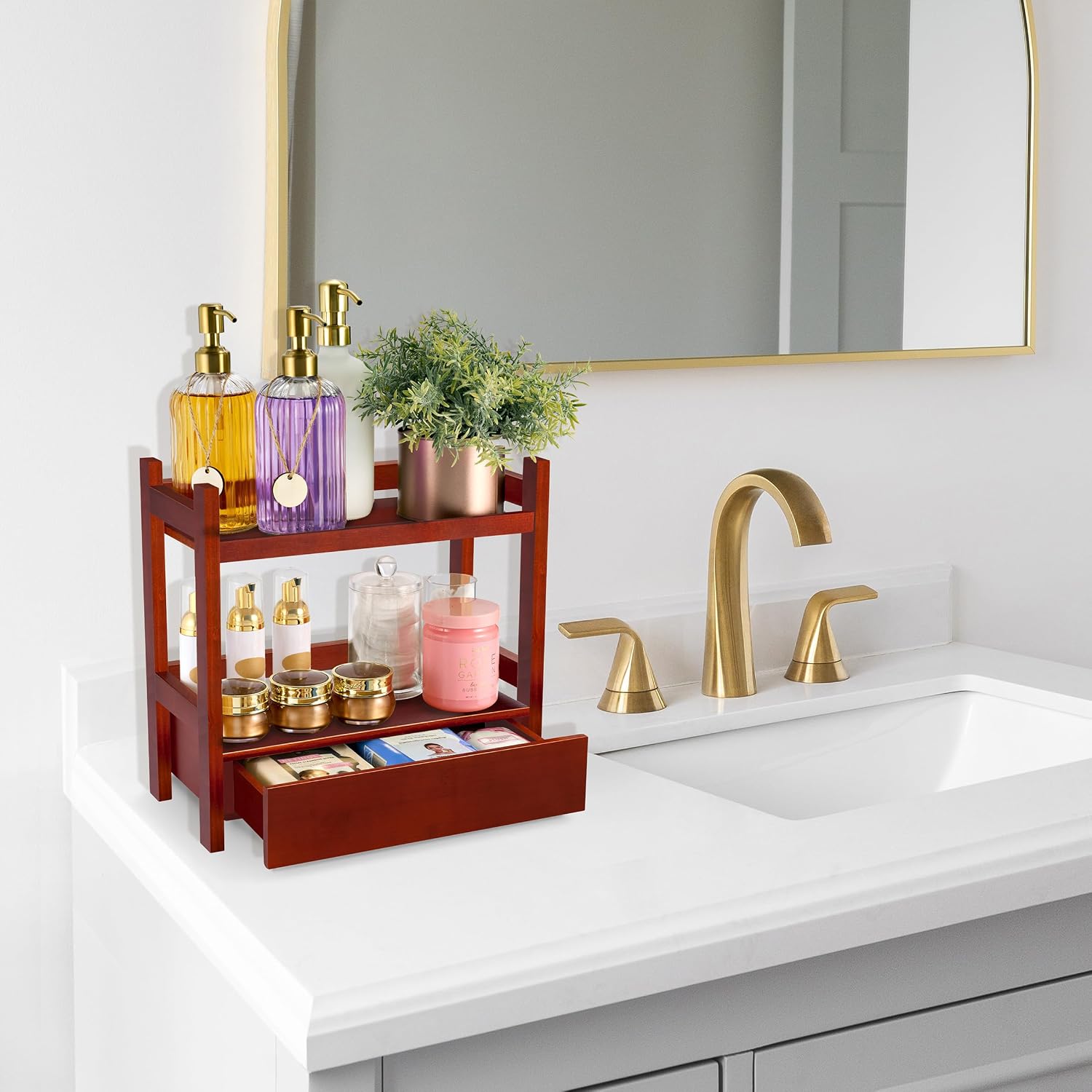 Sorbus Bamboo Bathroom Counter Organizer – 2-Tier Shelf with Hidden Drawer for Vanity, Matcha Station, Bathroom Sink Organizer Countertop, Kitchen & Office Storage (13″ L x 6.5″ W x 12.6″ H) (Brown)