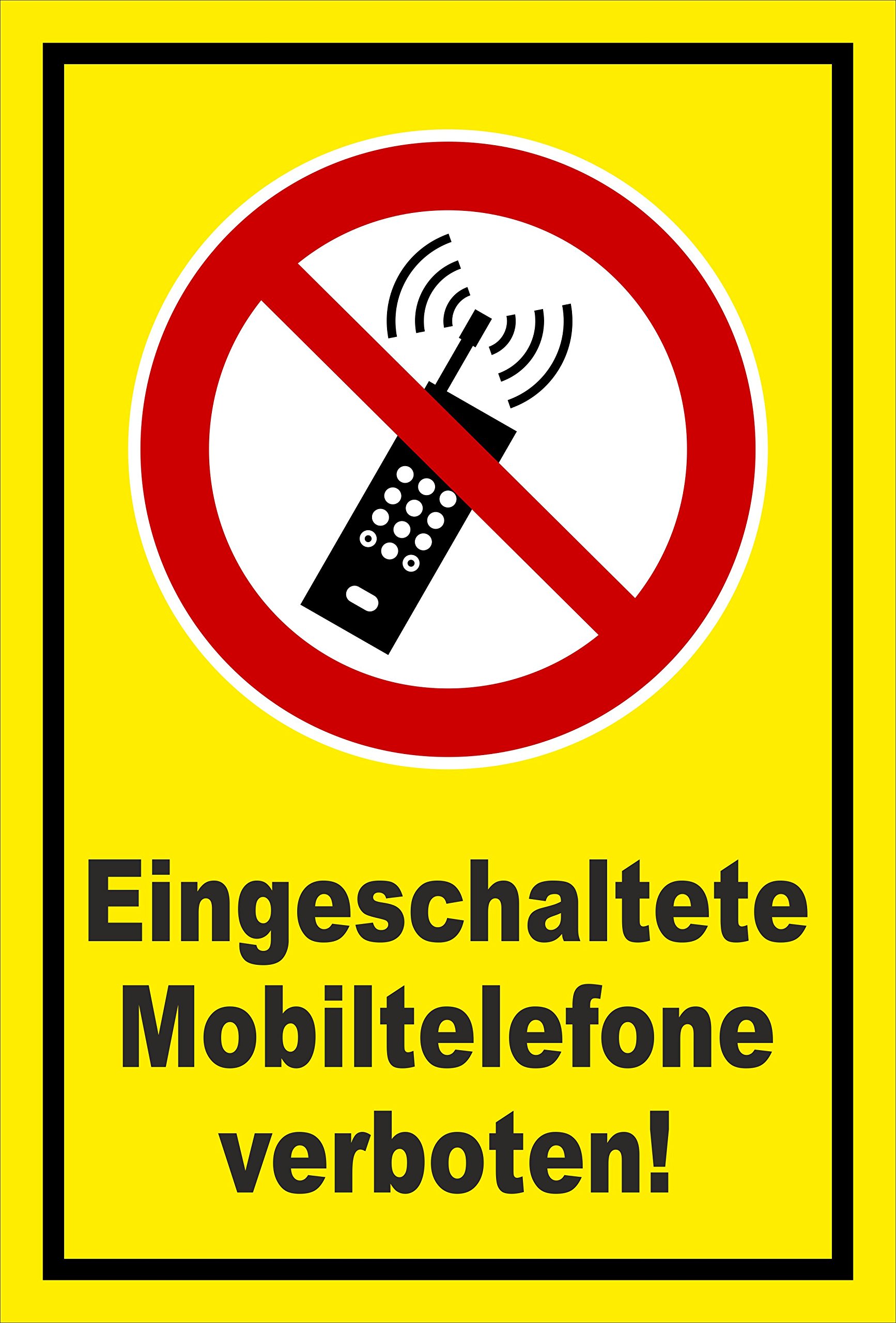 Schild Eingeschaltete Mobiltelefone verboten P013 – 60x40 cm – 3mm Aluverbund – Bohrlöcher – mehrere Größen/Materialien