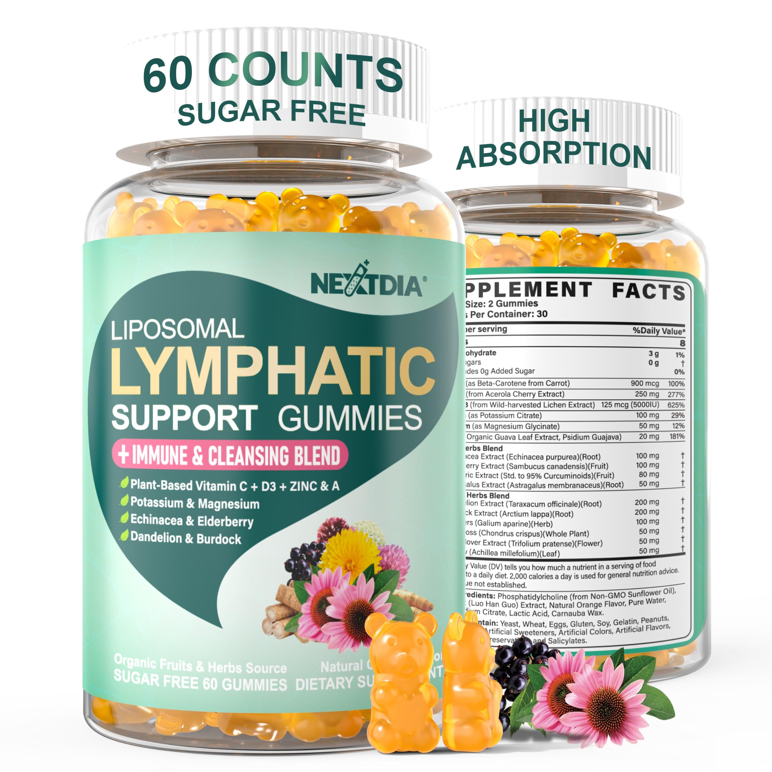 Liposomal Lymphatic Drainage Supplements Gummies, 16-IN-1 Lymph & Immune System Blend with Echinacea, Burdock Root, Dandelion, Cleavers, Vitamin A C D3 Zinc, Potassium Magnesium for Cleanse, 60cts 60 Count (Pack of 1)