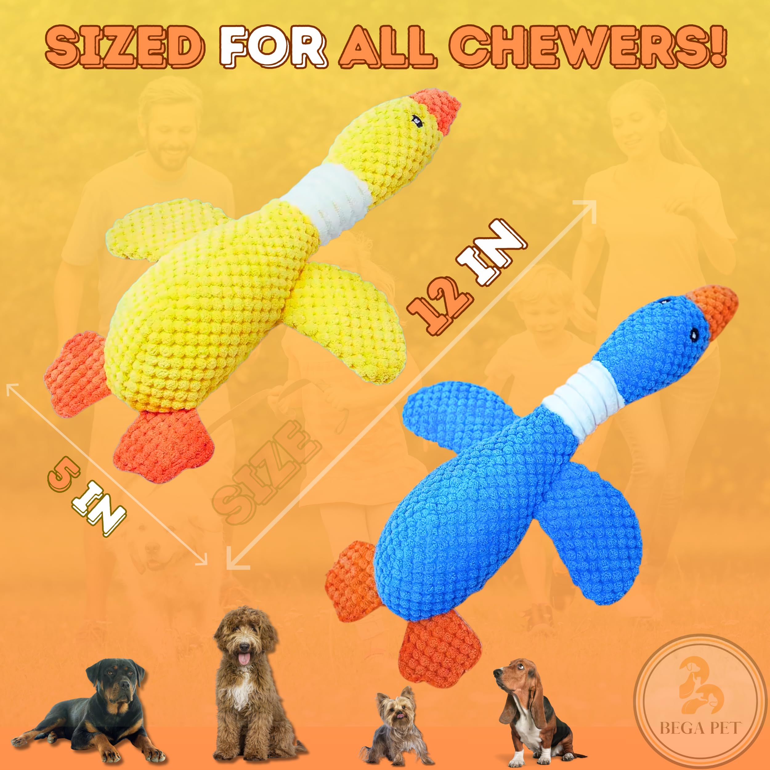 BEGA PET Blue & Yellow Duck Dog Toys - 2 in 1 Pack Upgraded Goose Indestructible Dog Toys for Aggressive Chewers Small Medium Large Breed, Crinkle Squeaky Tough Dog Chew for Teething, Puppy Toy