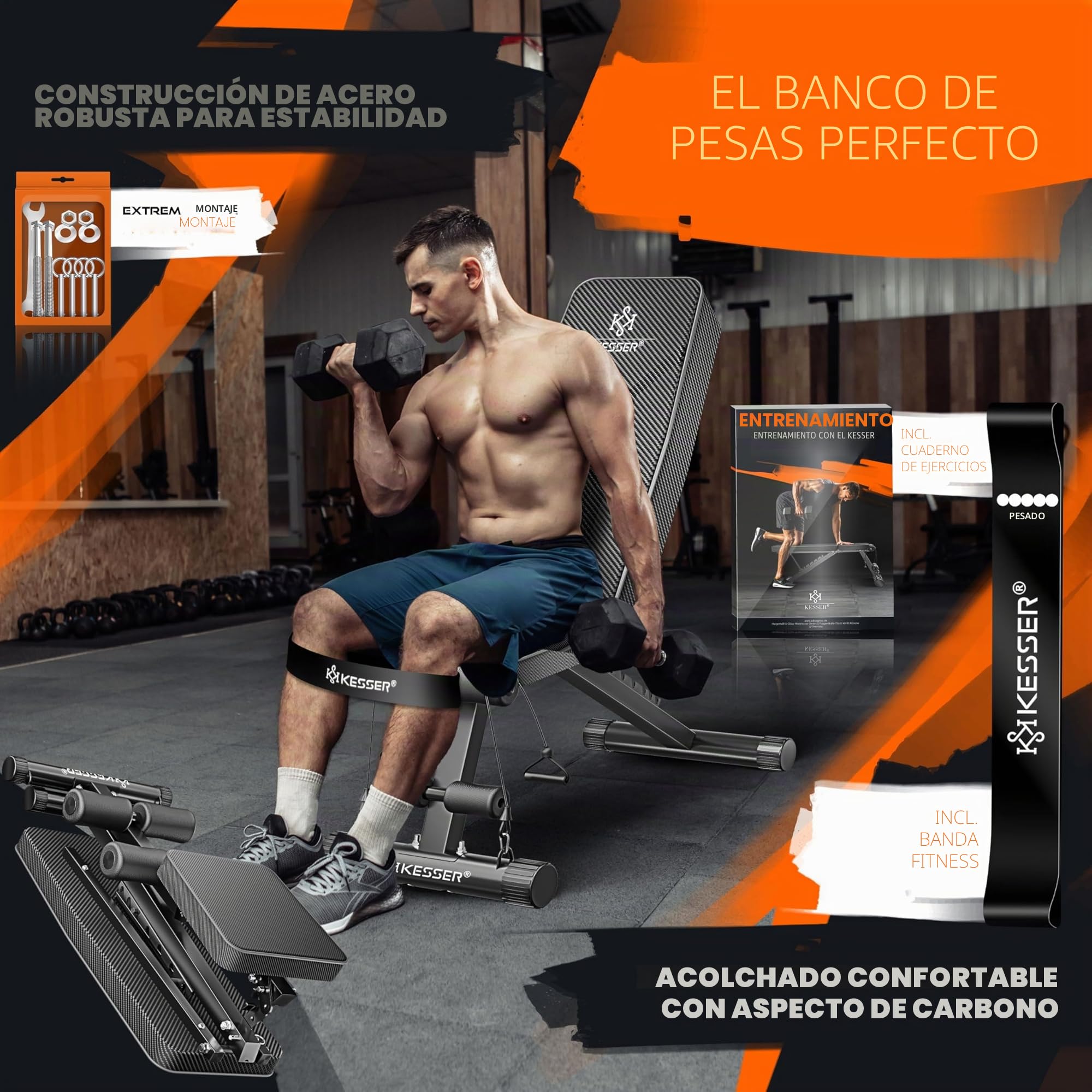 KESSER® Banco de pesas plegable multifuncional con respaldo, capacidad de carga de 500 kg, banco ajustable, dispositivo de fitness para press de banca, banco inclinado para entrenamiento de todo el