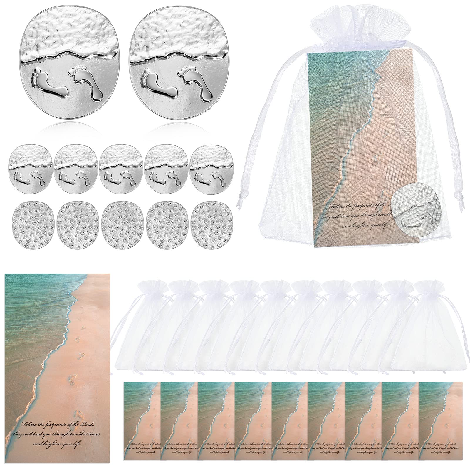30 Pcs Footprints in The Sand Cards Footprints Coins Set Pocket Token Memorial Charm Footprints Sign Poem Cards White Organza Bags Pocket Tokens Charms Presents for Family Friends