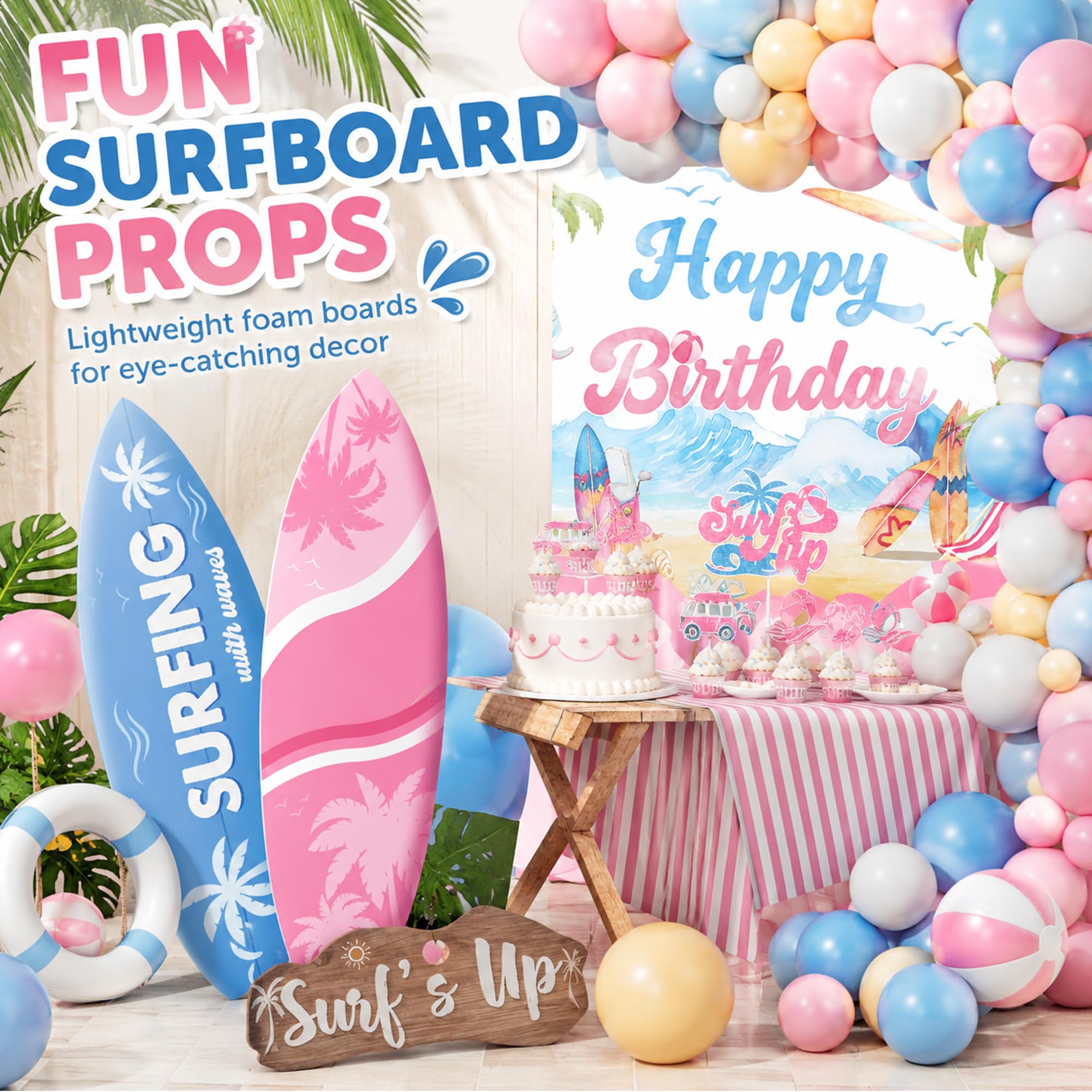 Decoraciones de fiesta de cumpleaños de surf, decoraciones de fiesta de cumpleaños en la playa para niñas, suministros de cumpleaños de olas hawaianas de verano, guirnalda de globos, tabla de surf