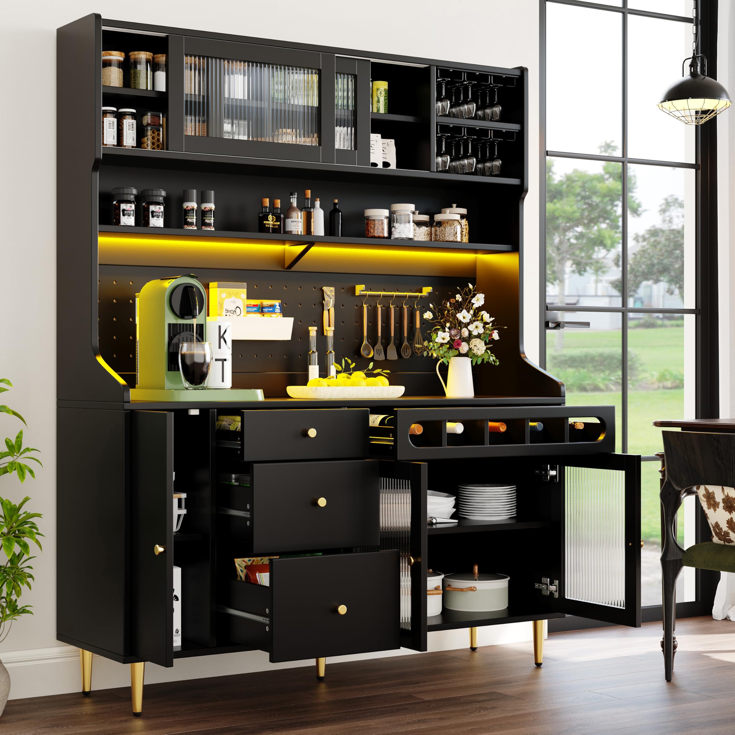 Merax Kitchen Cupboard Free Standing Tall Storage Cabinet Pantry Larder Cupboard, with LED lighting, MDF Pegboards, Countertop, 3 Drawers, pull-out Wine Cabinet, Black/145x39x171cm — image 1