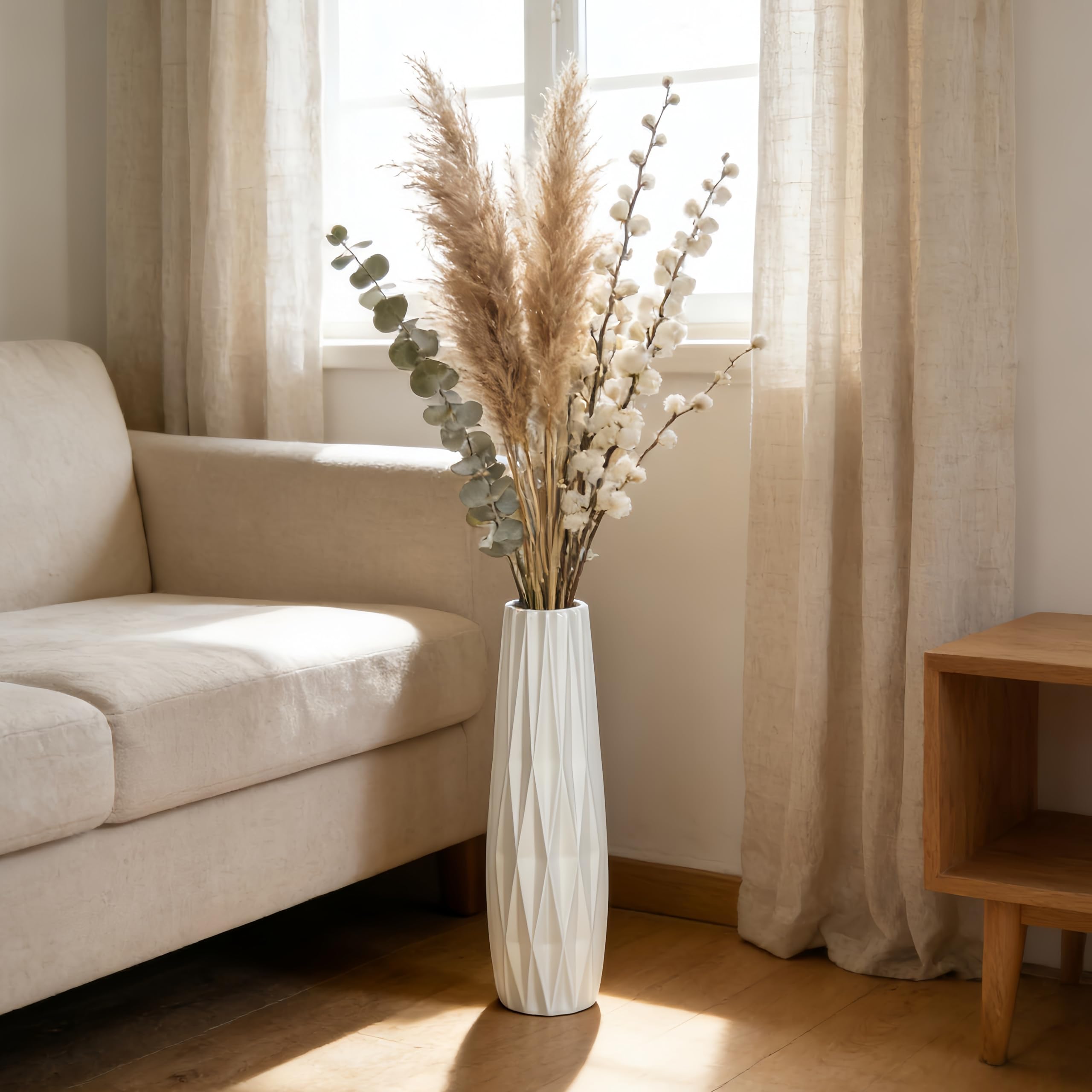 Vaso alto da pavimento in ceramica bianca, 40 cm, design a coste | Finitura smaltata lucida, angoli stretti, ingresso, camera da letto, spazi compatti