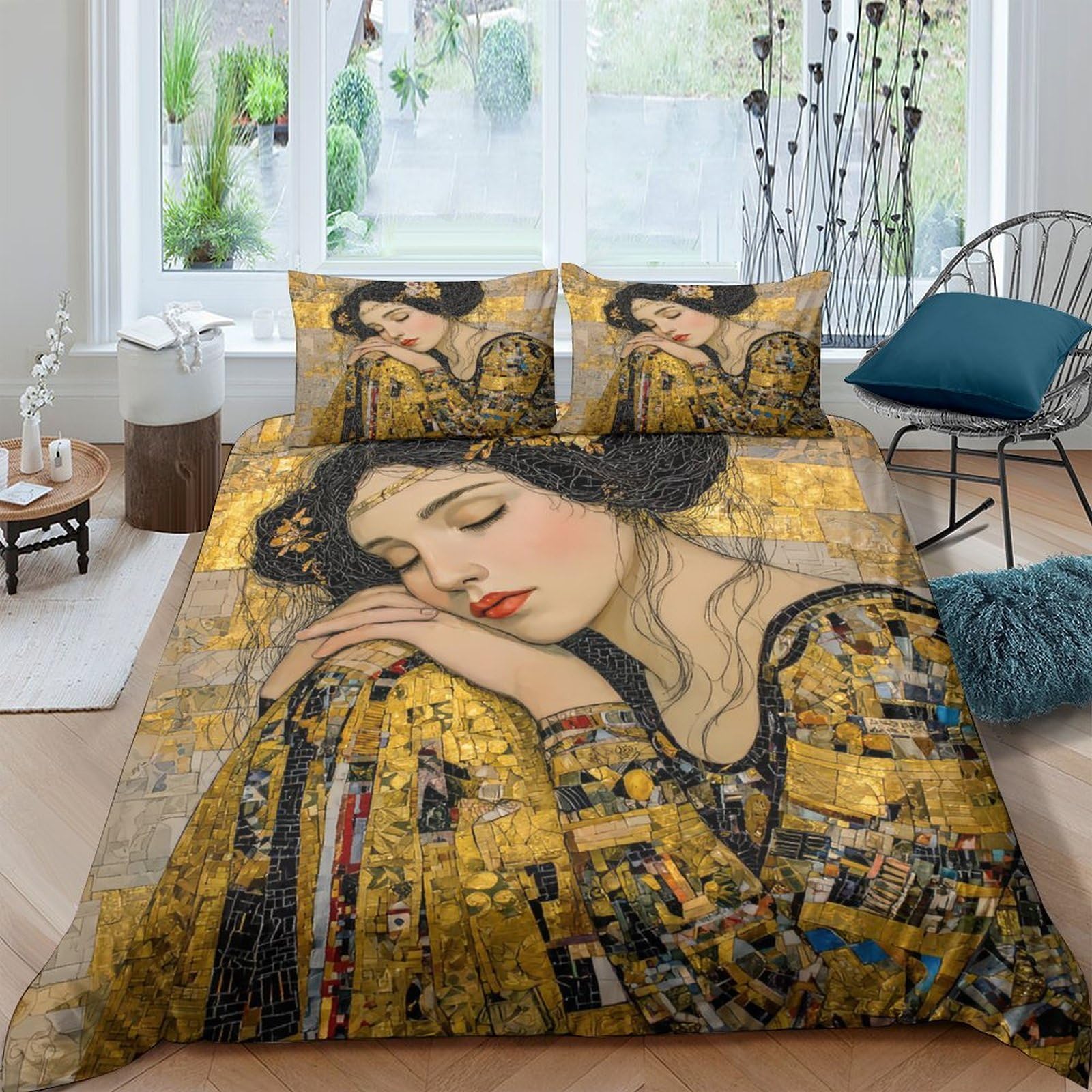 Housse de couette art rétro doré anti-plis ensemble lit 135x200