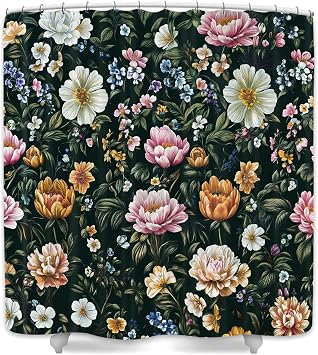 Wathon Boho Floral Shower Curtain Black Vintage Flower Shower Curtains for Bathroom Cute Farmhouse Colorful Wildflower Cloth Fabric Bathroom Decor Set with Hooks 70X70IN