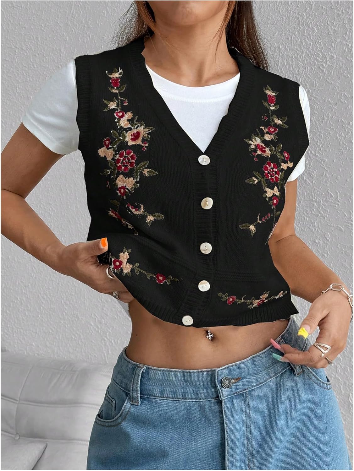 GORGLITTER Women's Flower Embroideried Boho Sweater Vest Sleeveless Fall Vintage Crochet Cardigan Khaki Small - Image 3