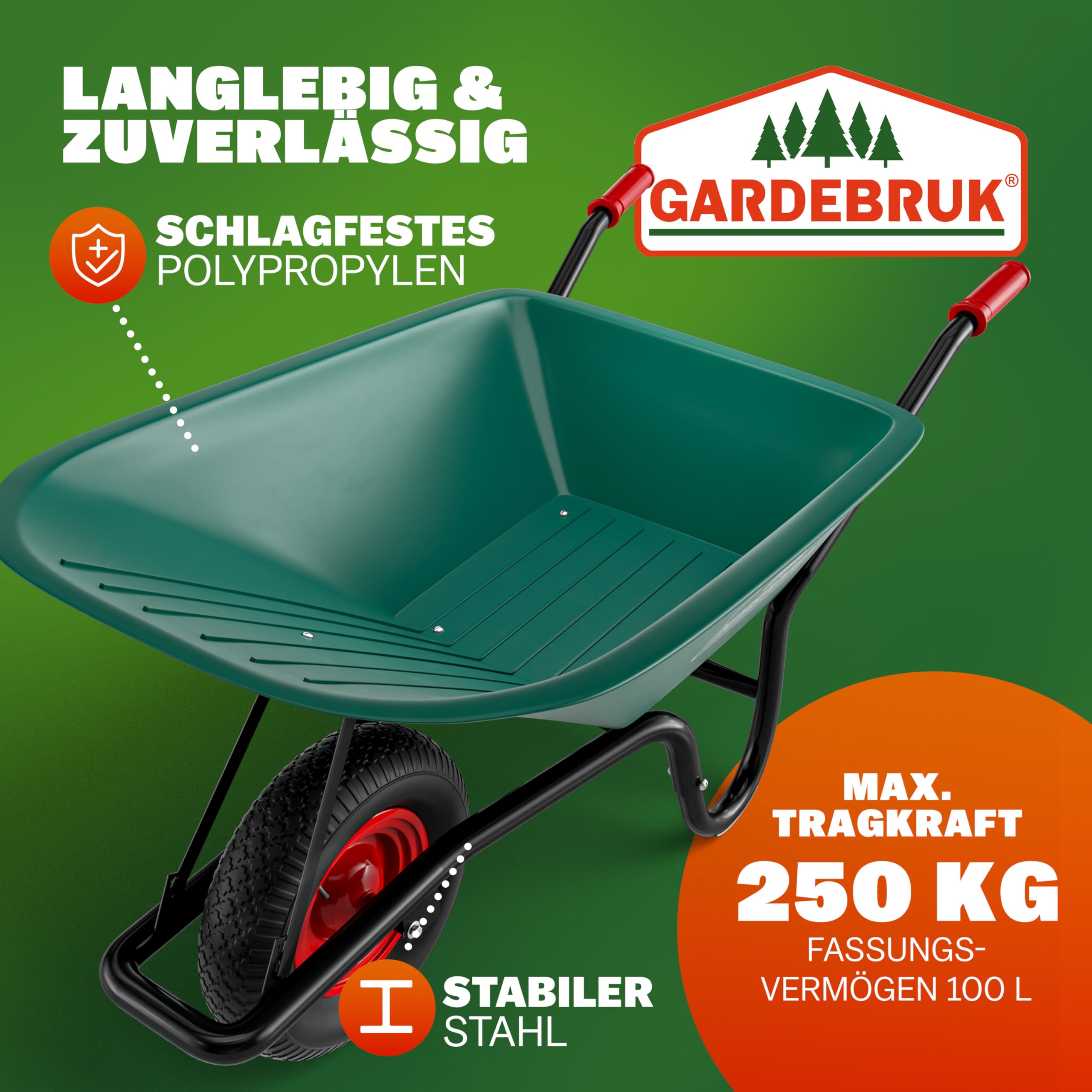 GARDEBRUK Schubkarre 100 Liter Bauschubkarre Gartenschubkarre bis 250kg Belastbarkeit Luftreifen stabile Ausführung mit Kunstoffwanne