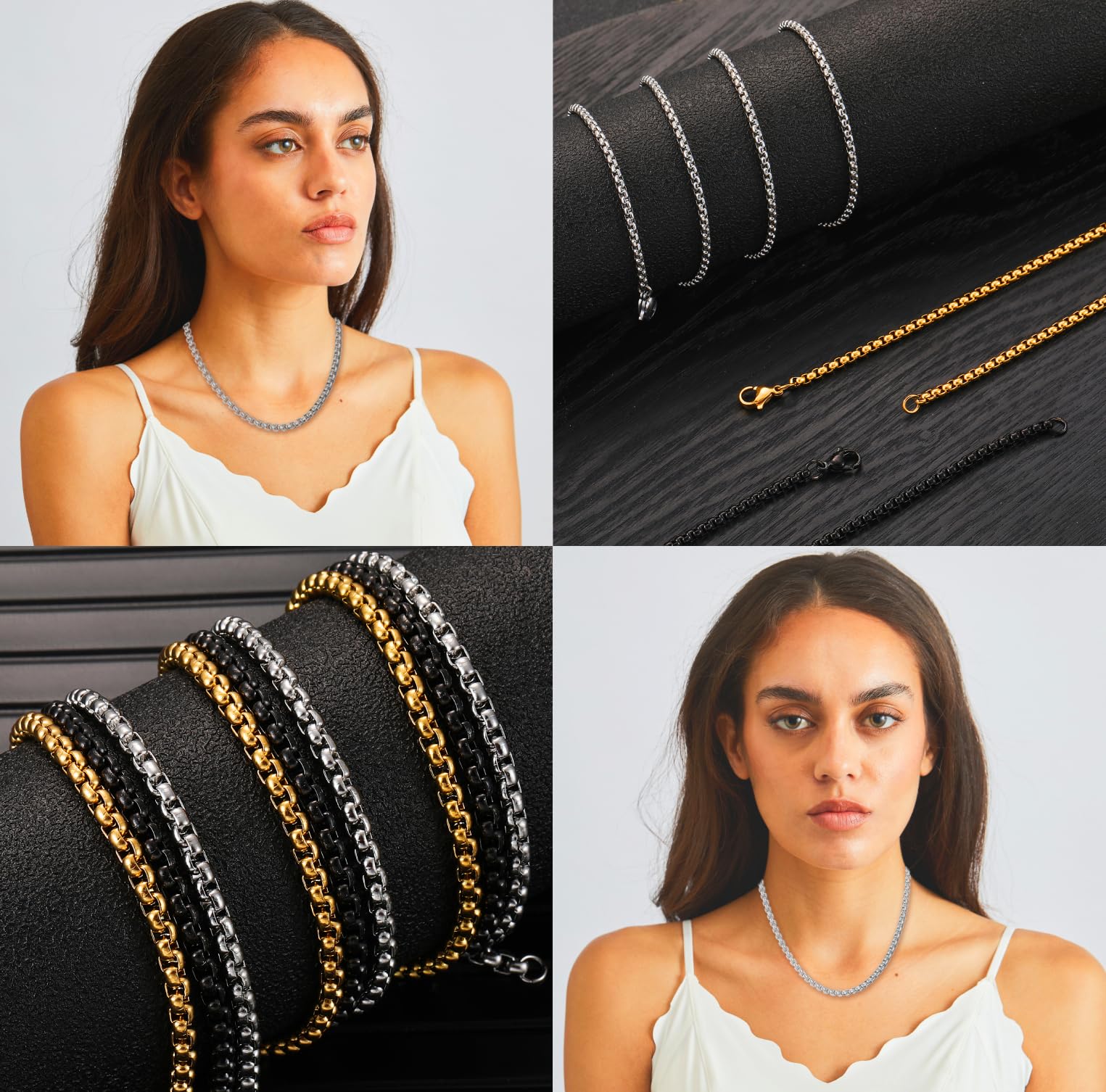 Collana Uomo Donna Acciaio Inossidabile Oro/Argento/Nero Catena a Maglia Veneziana 2/2.5/3/4mm Box Collane Gioielli da Regalo Lunghezza 45/50/55/60/70cm