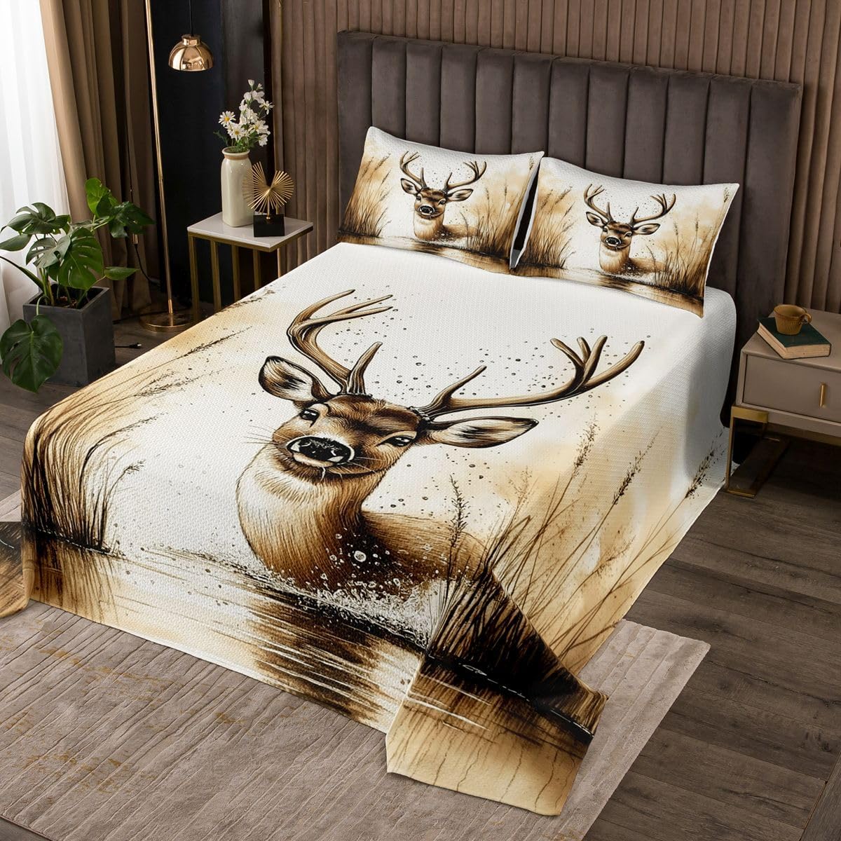 jejeloiu Vintage Deer Bedspread Queen Size Deer Hunting Coverlet Set Wild Animal Quilted Coverlet for All Season with 2 Pillowcases Reed Microfiber Lightweight