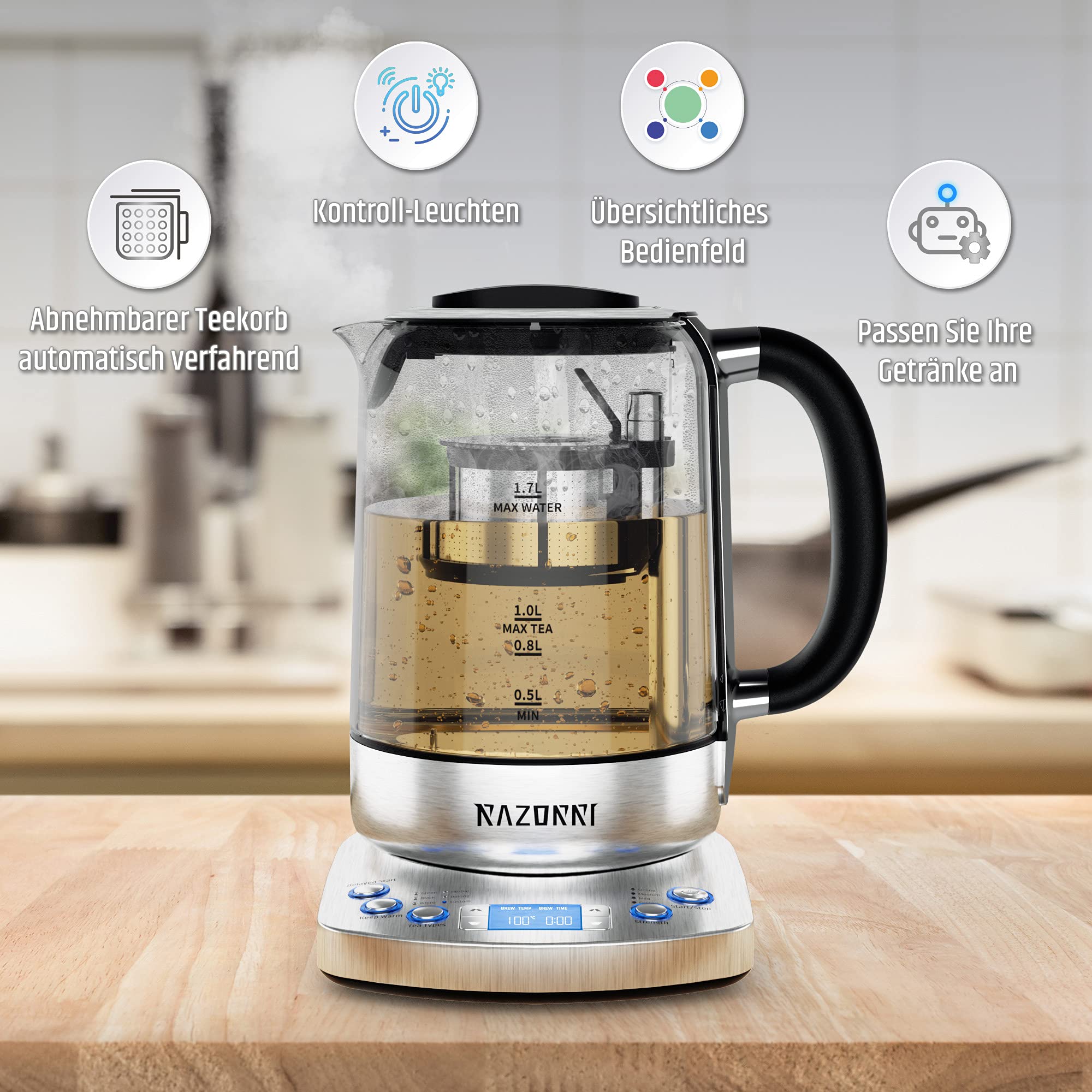 Razorri Elektrischer Teezubereiter - 1,7 L, automatisch anhebender Teekorb BPA Free, 5 Teesorten und 3 Brühstärken, Warmhalten bis zu 60 Minuten, programmierbare Zeit für Teezubereitung, mit Edelstahl