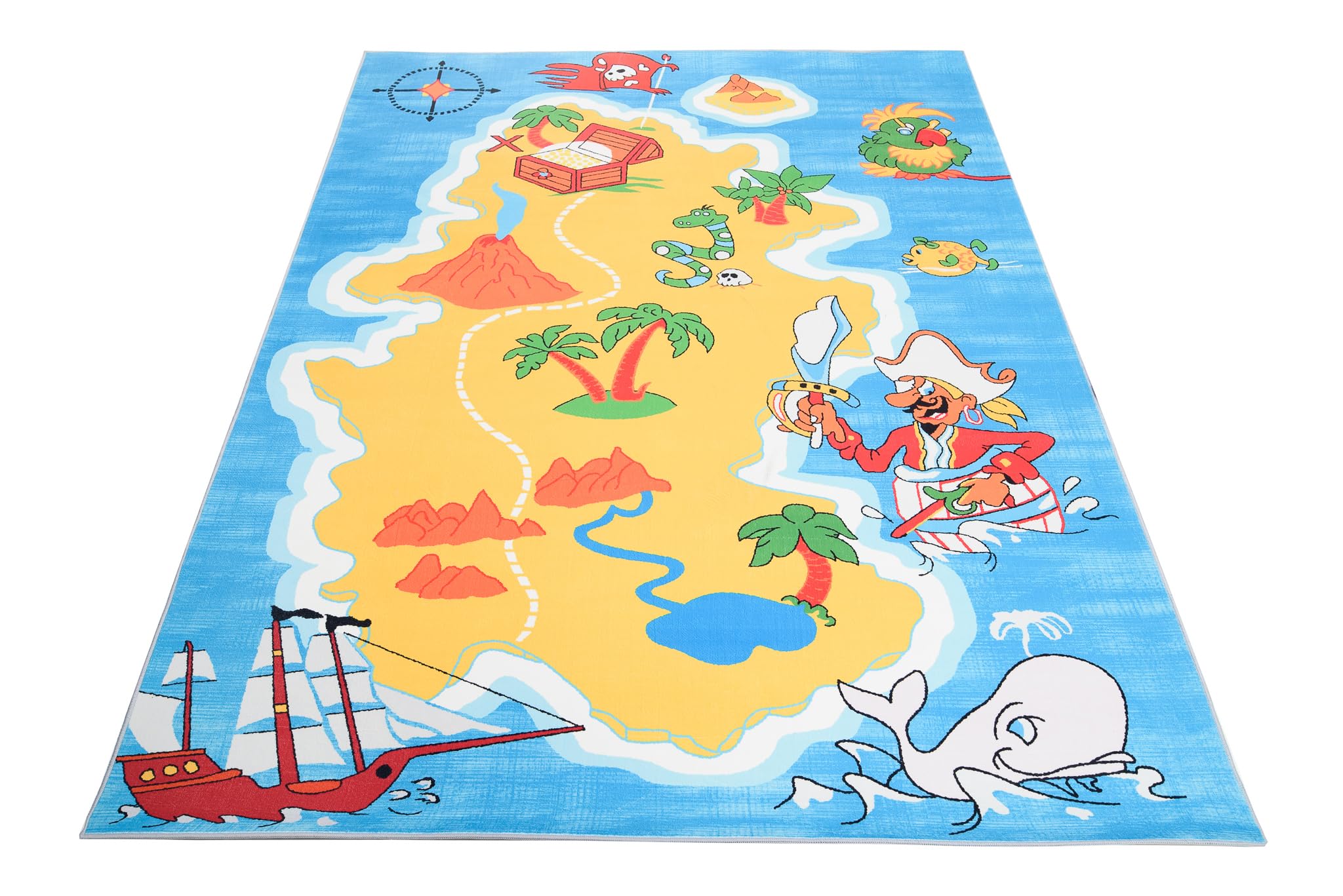 TAPISO Flannel Alfombra Antideslizante Lavable Diseño Moderno Barco Pirata Isla del Tesoro Azul Amarillo Alfombra Infantil para Niños Alfombra de Juegos Oeko-Tex 140 x 200 cm