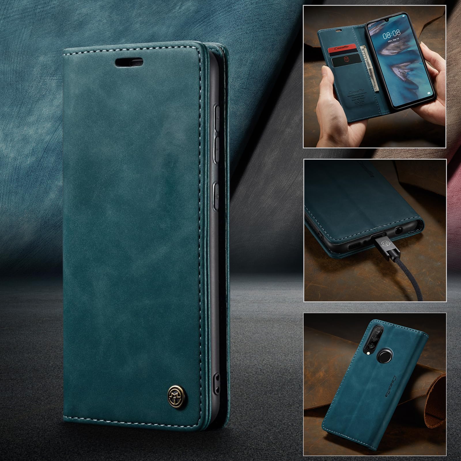 for Huawei P30 Lite Case, Flip Wallet Leather Case with Card Holder Magnetic Closure Shockproof Kickstand Protective Phone Cases Cover for Huawei P30 Lite,Blue-Green — view 7