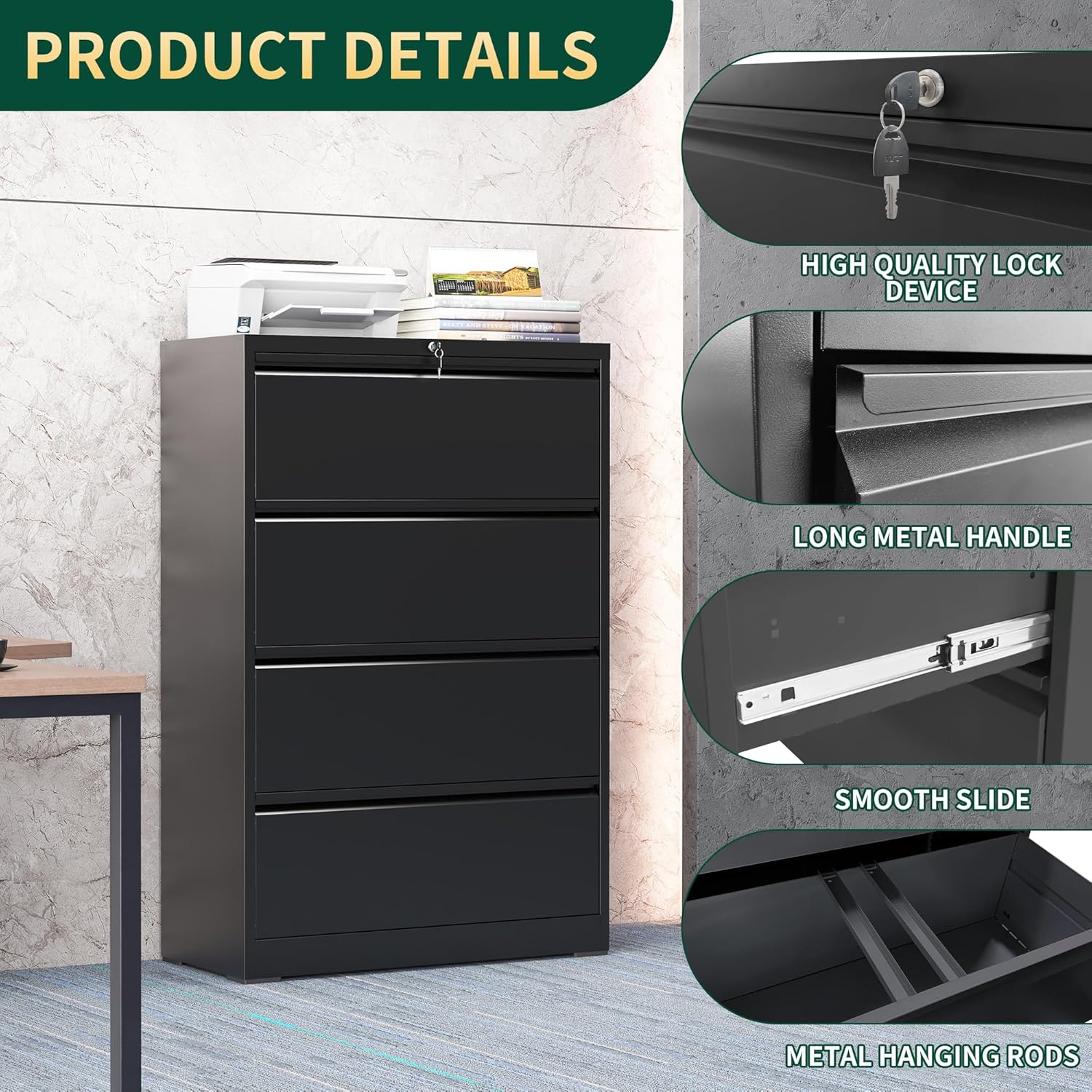 Close-up of the lock device and smooth drawer slide