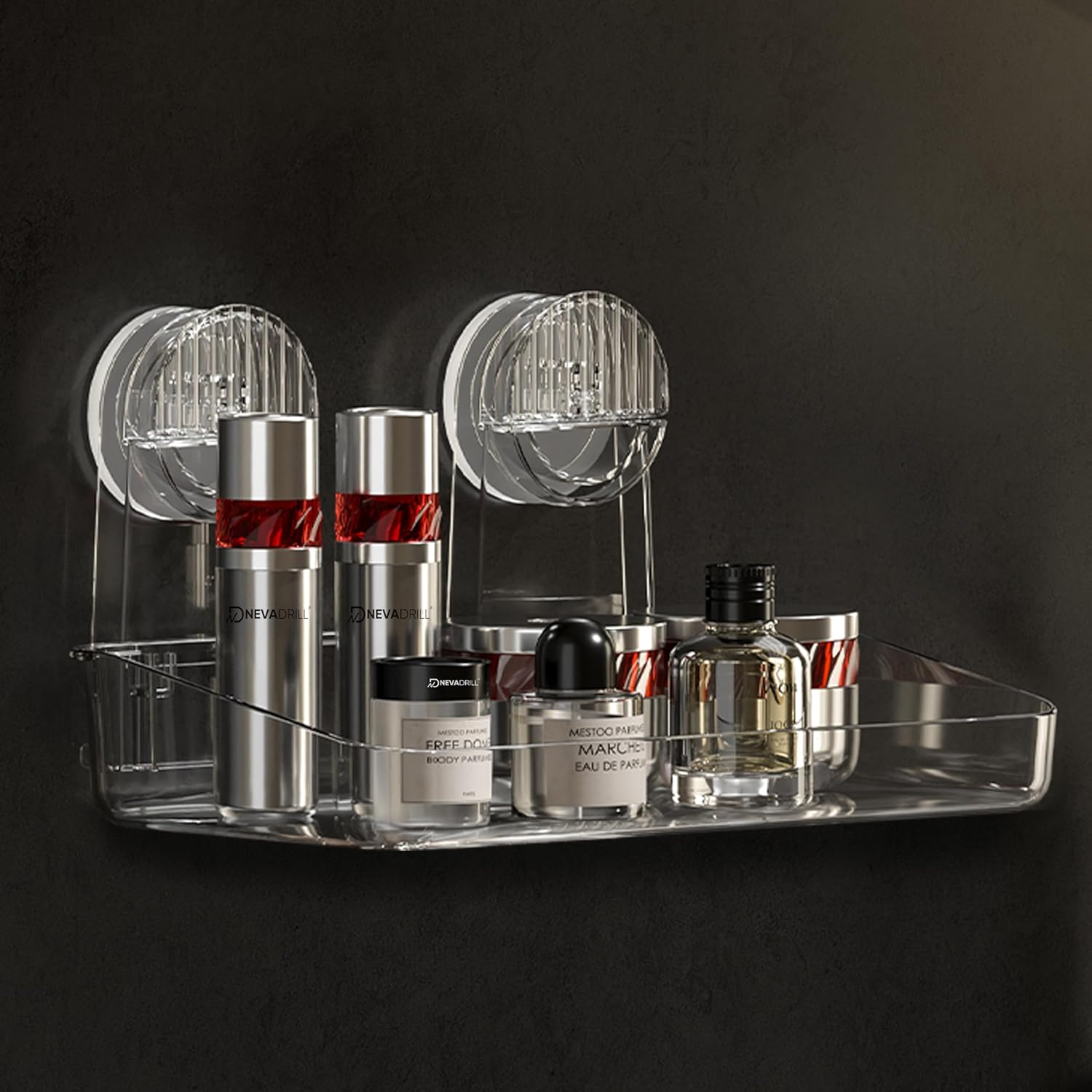 NEVADRILL Multipurpose PET Wall Mounted Shower Rack | Strong Vacuum Suction with Level Lock Mechanism | Removable Drainable Storage Shelf for Kitchen, Bathroom & Wash Basin Organizer [ND-13815]