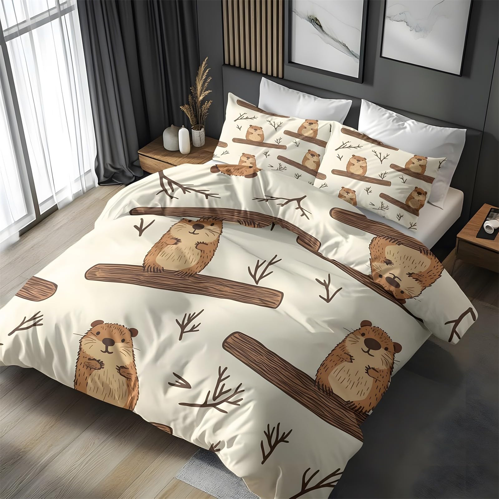 Ypthriline Small Single Duvet Cover Set Groundhogs Bedding Set Microfiber Cartoon Duvet Covers with Pillowcases Reversible Bedding With Zipper Closure 120x150CM