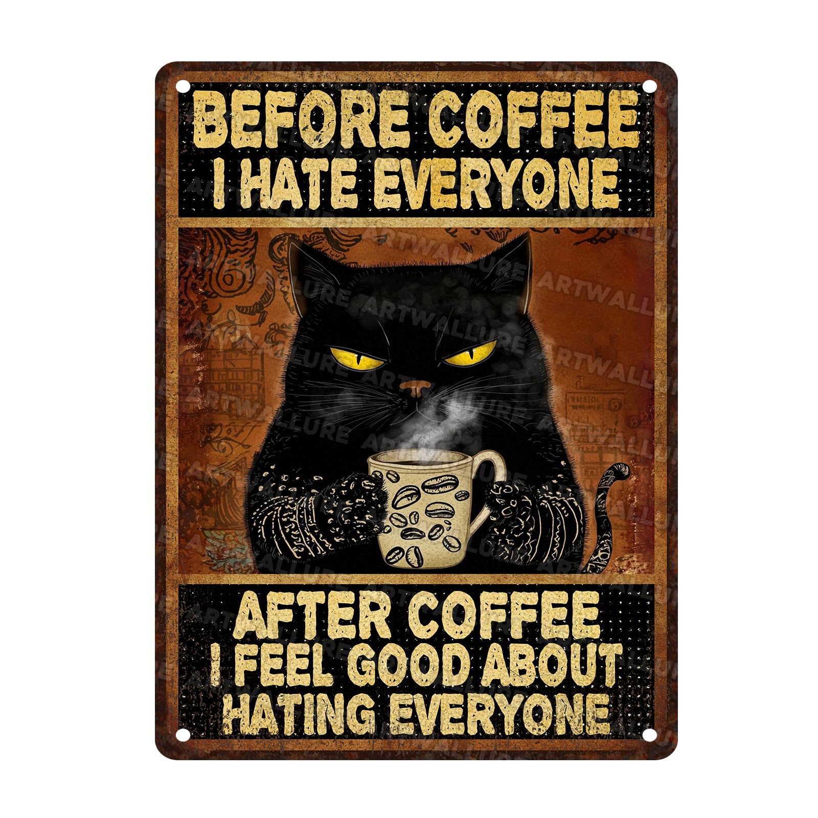 Funny Black Cat Coffee Sign Before Coffee I Hate Everyone Metal Signs for Kitchen Bar 12x16inch