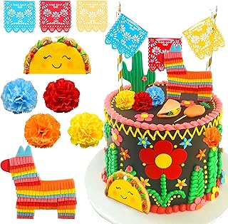 JeVenis Luxury Papel Picado Cake Banner Mexican Fiesta Cake Decoration Mexican Wedding Toppers For Cake Pinata Taco Cake Topper Fiesta Cake Topper