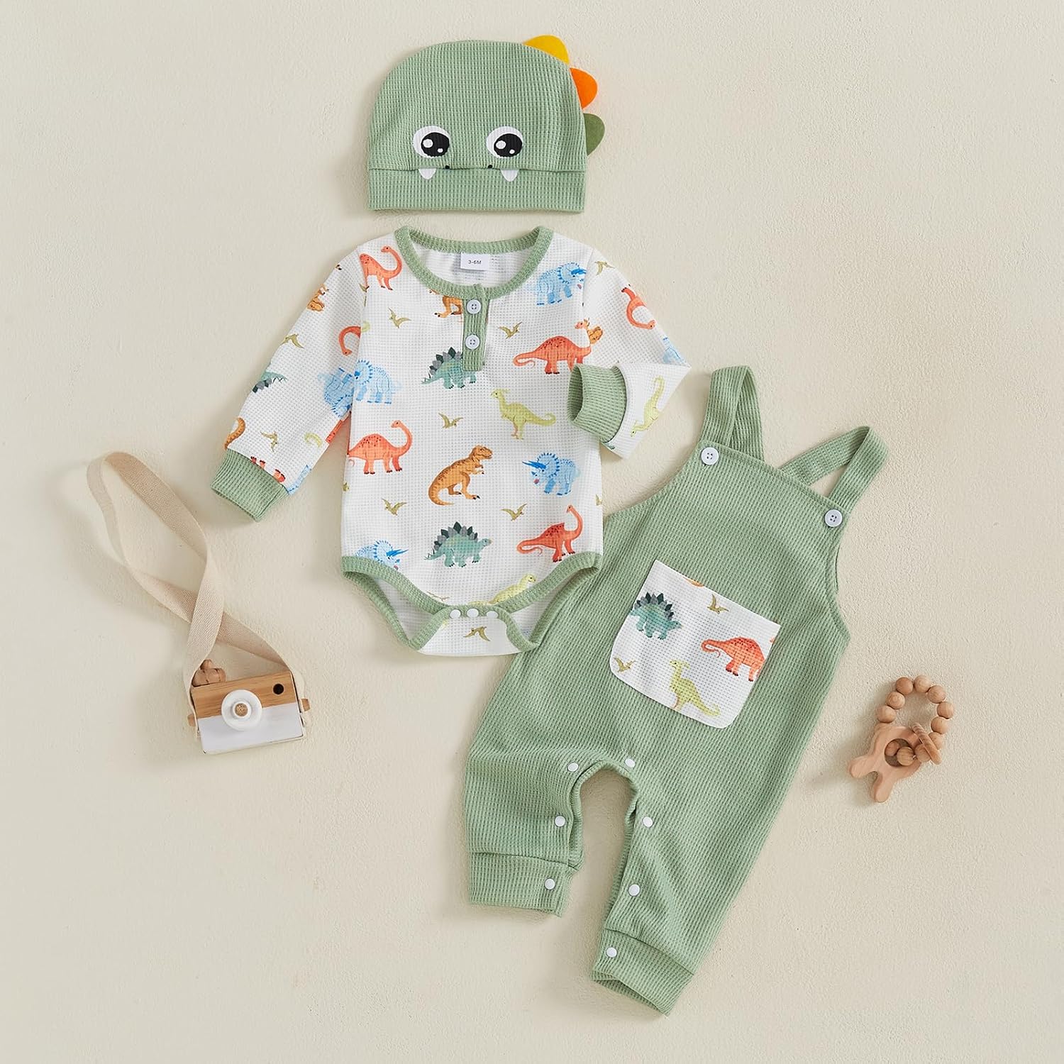 Dcohmch Newborn Baby Boy Dinosaur Outfit Long Sleeve Romper + Overalls Long Pants + Cute Hat Infant Fall Spring Clothes - Image 2