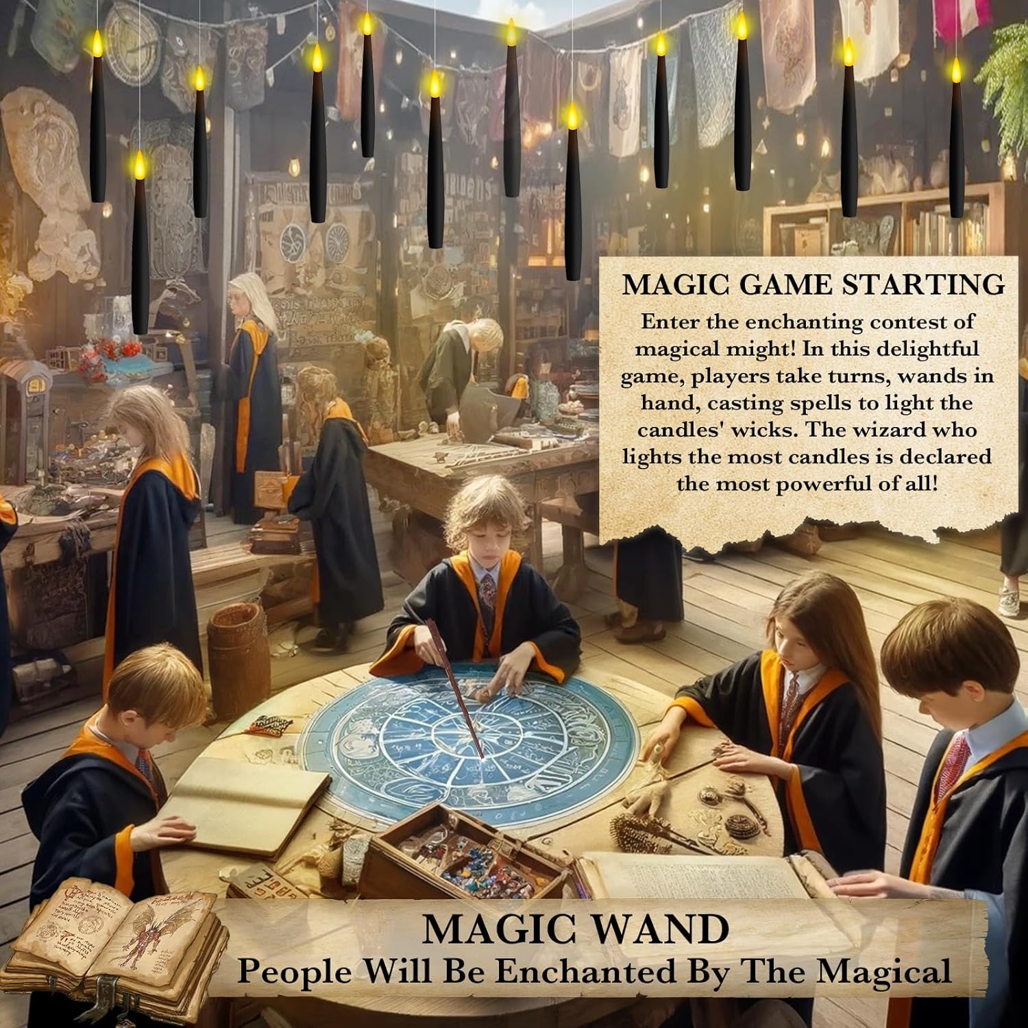 NURADA Floating Candles with Wand Remote Timer - Magic LED Hanging Flameless Taper Candles Flickering Battery Operated for Halloween Birthday Theme Party Holiday Home Window Decor - Black 12 Pack