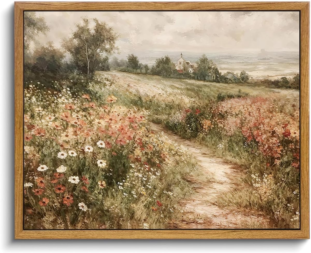 OIQArtOIQ Framed Canvas Wall Art,Vintage Decor,Landscape Nature Country Wildflower Paintings Farmhouse Pictures Modern Artwork Rustic Fall Flower Prints Cottagecore Office Living Room Bedroom Bathroom