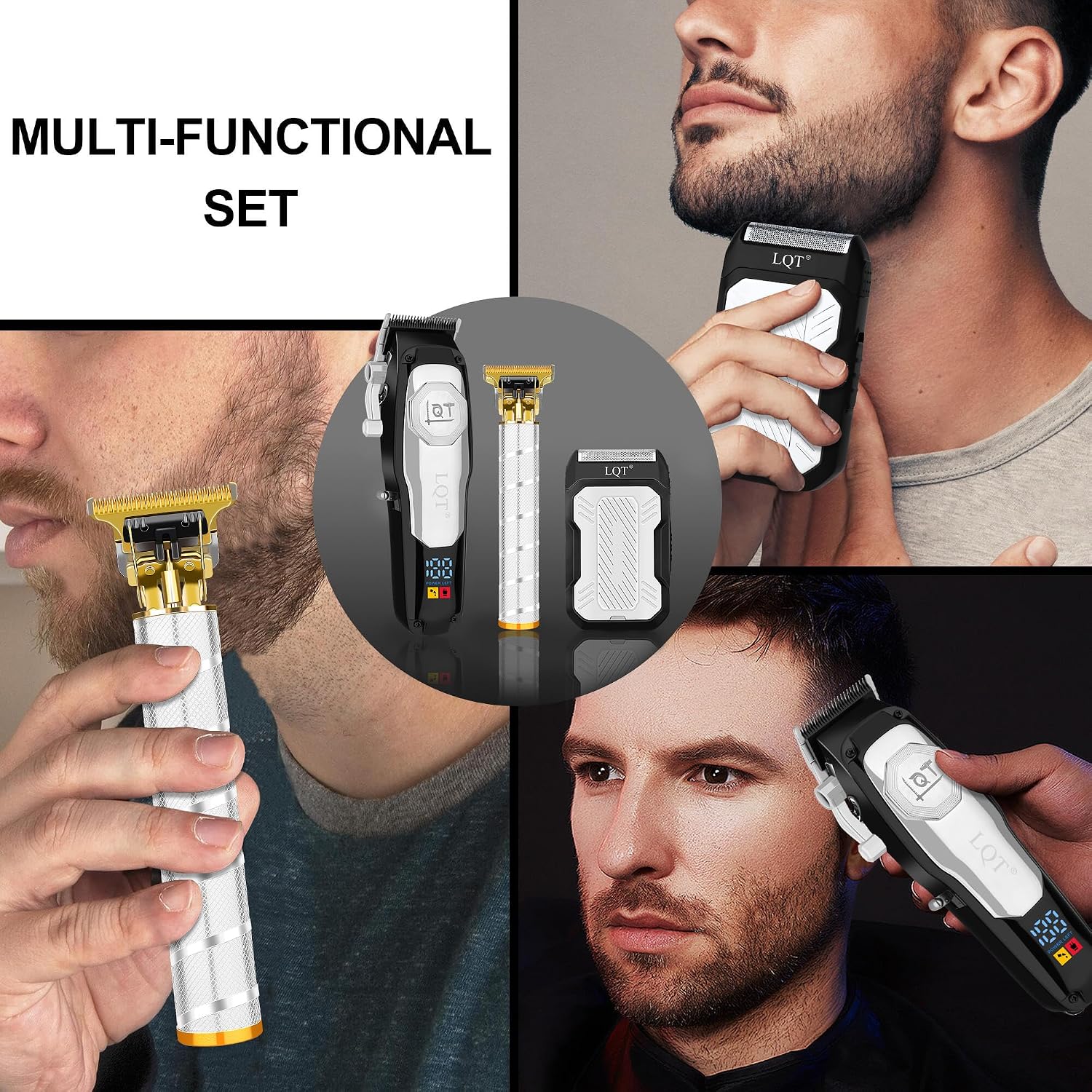 Professional Cordless Hair Clippers and Beard Trimmer Set for Men, LED Display & Long Battery Life,Adjustable Lever & Stainless Steel Blades,Grooming Kit for Home and Barbers,Silver