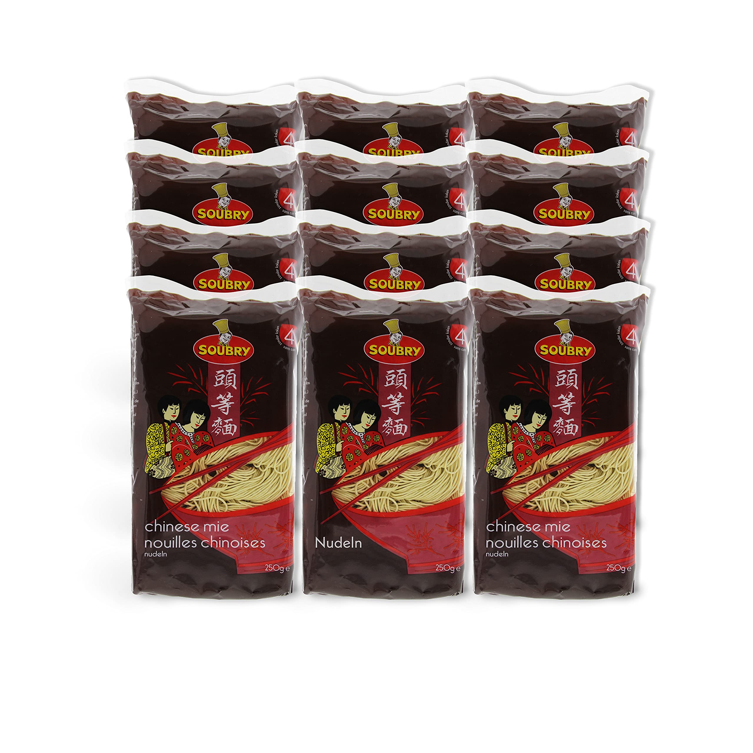 SOUBRY Asia Nudeln - instant Mie Nudeln nach chinesischer Manier für eine Zubereitung in nur 4 Minuten, vegane Wok Weizennudeln, im 12er nudeln großpackung (12x250g)