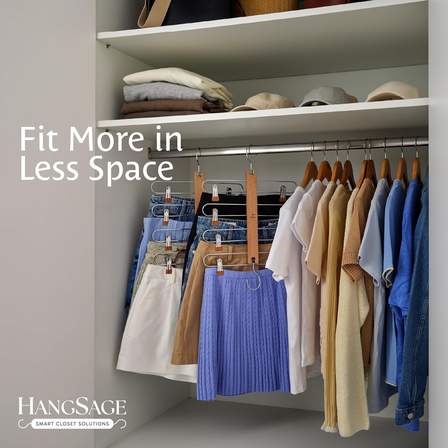 HANGSAGE Skirts Hangers, 2-Pack Space-Saving Beechwood & Metal Skirt Holder, 4 Tiers, 360° Swivel Hook & Adjustable Multi-Clip Design, Elegant Closet & Wardrobe Organizer