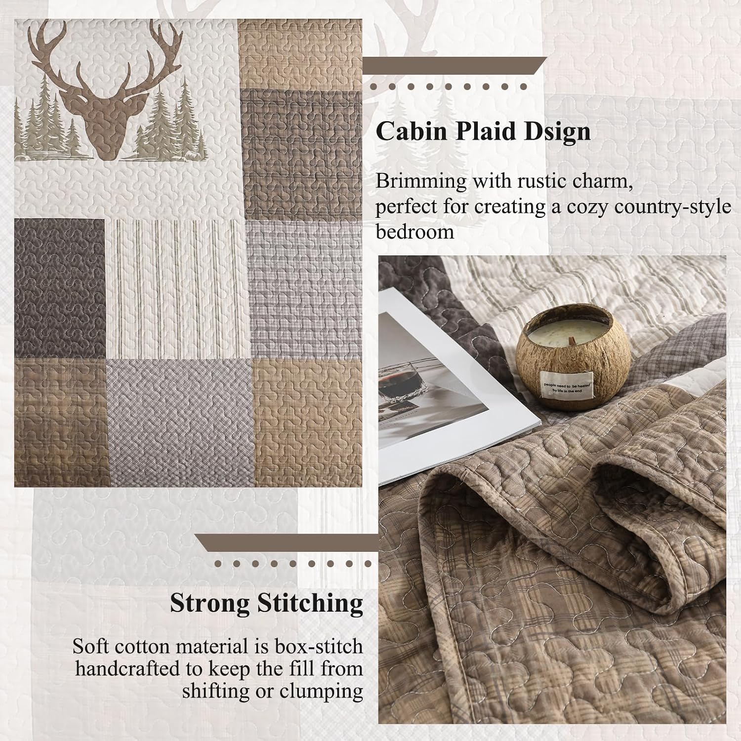 Oversized King Bedspreads 128x120 Extra Wide - Forest Animal Plaid Farmhouse Reversible California King Quilt Set Oversized, 3-Piece Lightweight Thin Comforter Coverlet Set, Cal King, Brown/Gray/Beige
