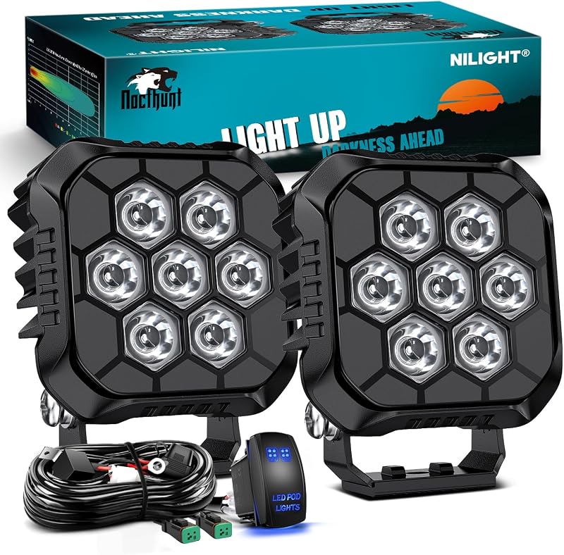 Nilight LED Pod Light 2 PCS 3.8 Inch 35 W 7 LED Square Hyper Spot Beam | Offroad Driving Lights w/16 AWG Rocker Switch Wiring Harness Kit for Truck Motorbike Boat ATV UTV
