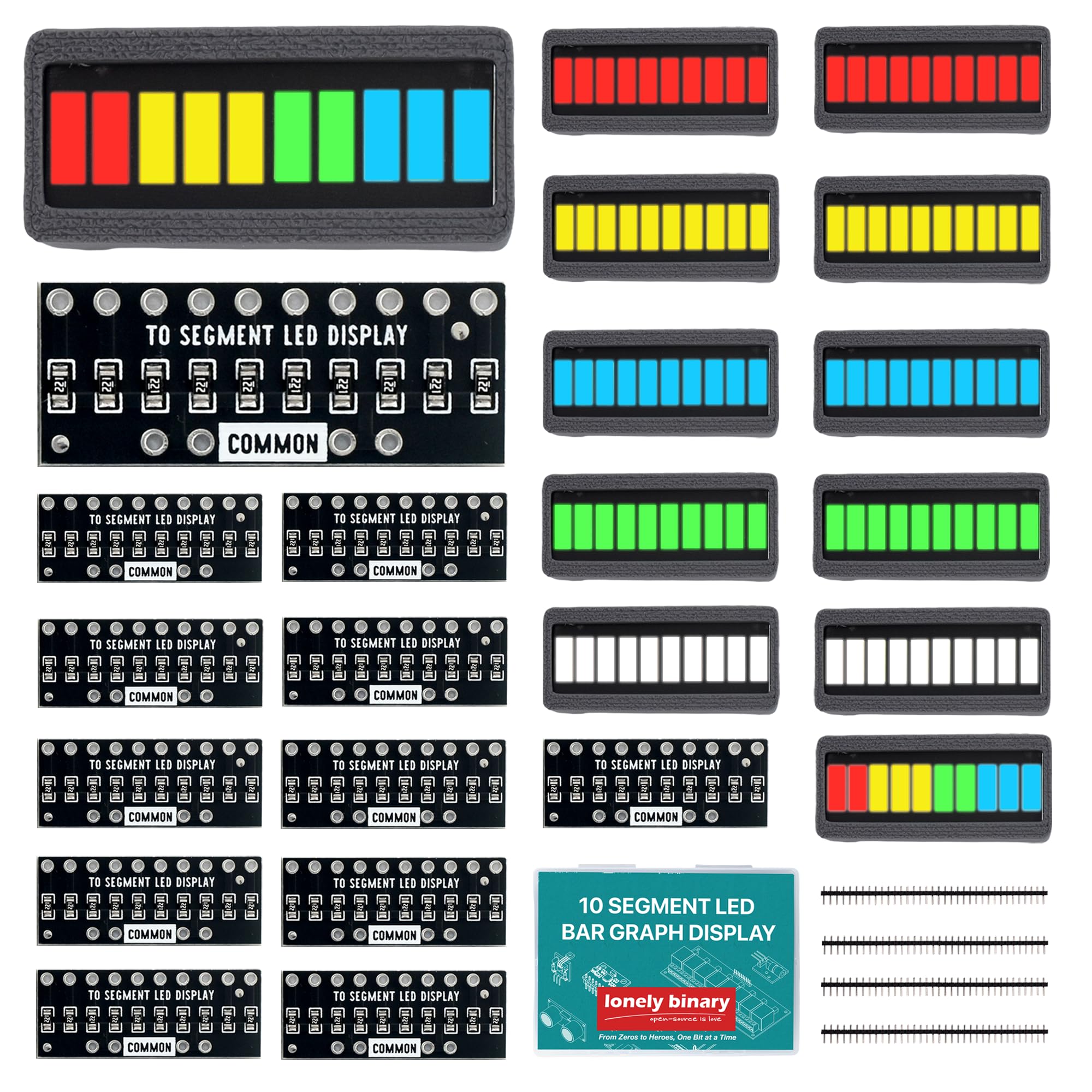 Lonely Binary Paquete de 12 unidades de 10 segmentos LED de visualización de gráficos de barras, multicolor, 2X (rojo/amarillo/blanco/verde/azul/multicolor), placas PCB de resistencia integradas y