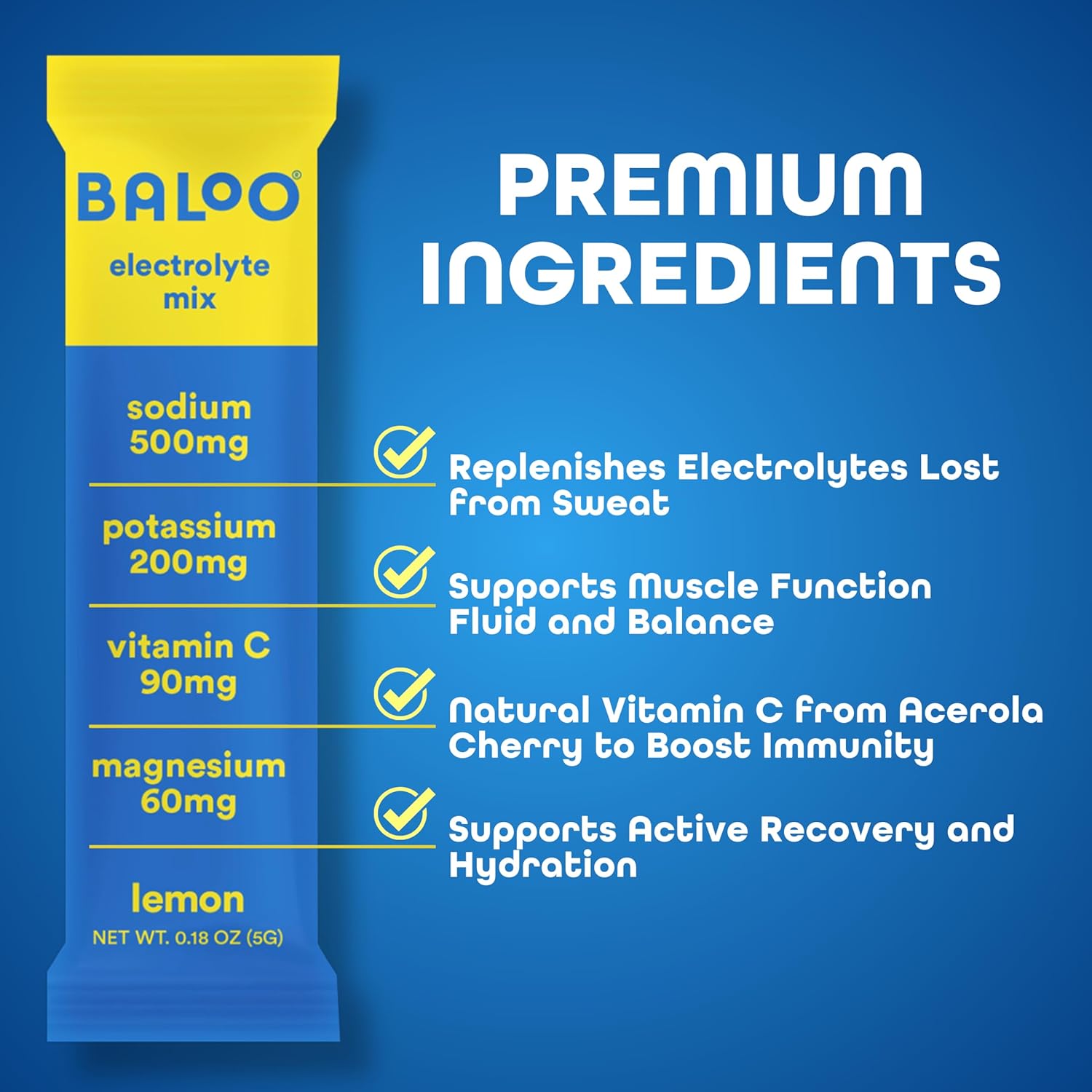 Baloo Electrolytes Powder Packets - No Added Sugar - Hydration Packets with Real Fruit & Unrefined Sea Salt - Powered by Magnesium, Potassium & VIT C for Daily Clean Hydration - Lemon - 30ct