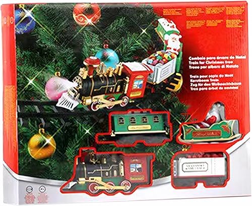 Juego de tren de árbol de Navidad con luz y sonido colgante de tren de Navidad con locomotora, coche de carbón, carro, trineo y pistas árbol