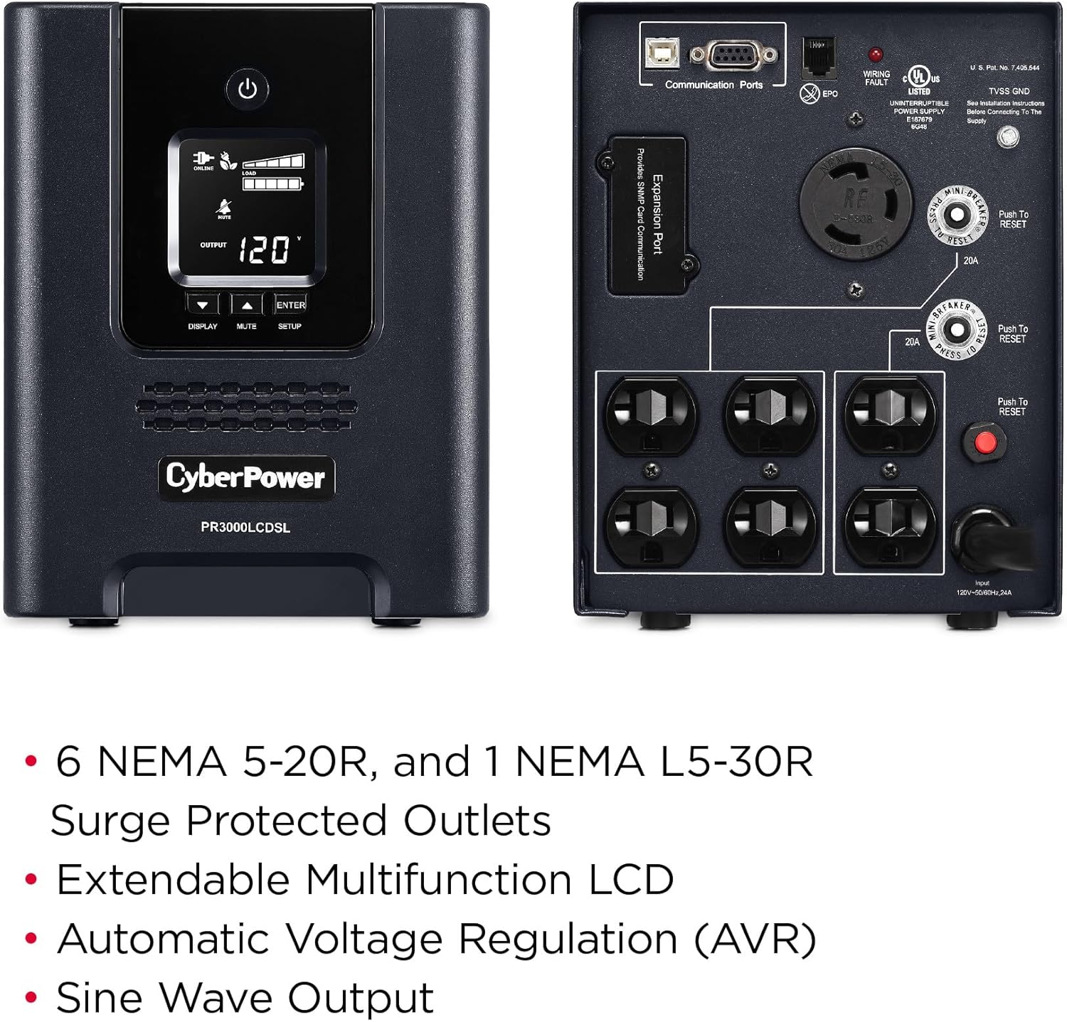 CyberPower PR3000LCDSL Smart App Sinewave UPS System, 3000VA/2700W, 7 Outlets, AVR, Mini-Tower