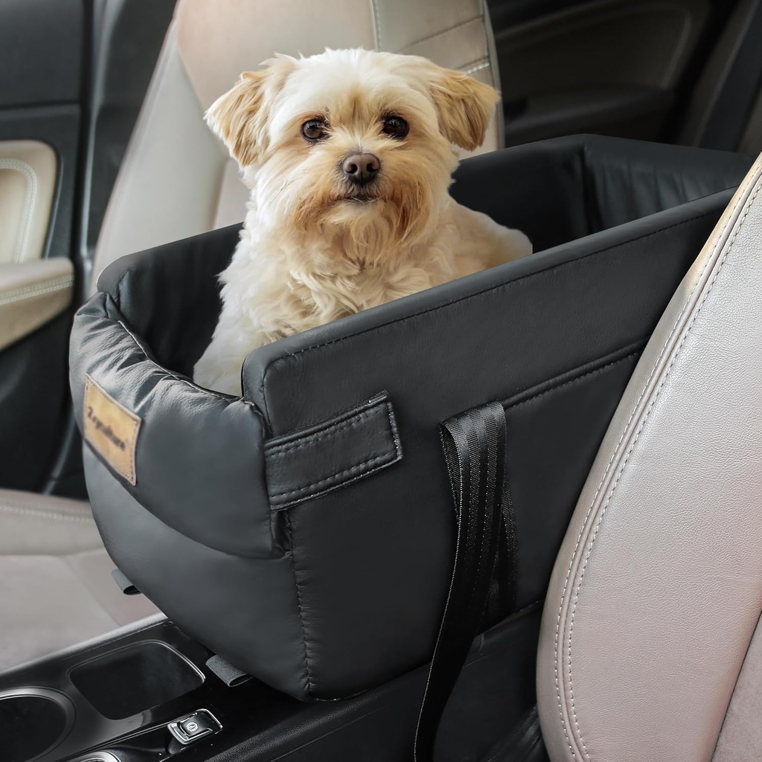 Dog Console Car Seat for Small Dogs, Center Console Pet Car Seat with Safety Tethers and Storage Pockets, Portable and Comfortable Travel Seat, Suitable for Small Pets (Black)